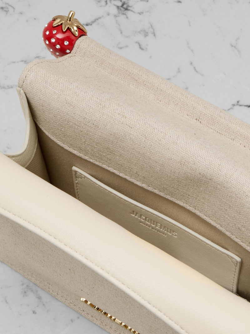 Pochette small embellished leather-trimmed canvas clutch Beige 5
