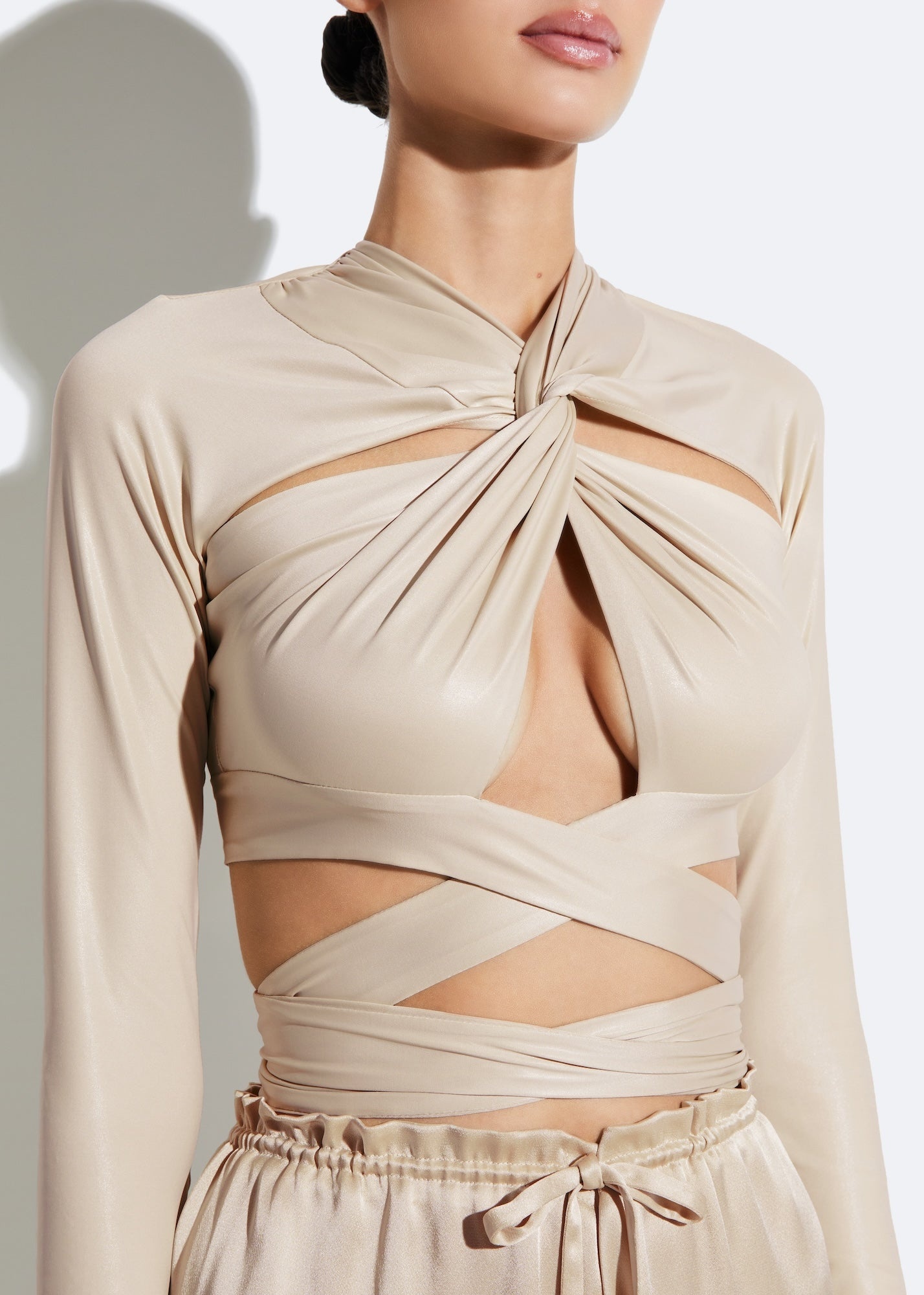 Coated Jersey Draped Wrap Tie Top - 3