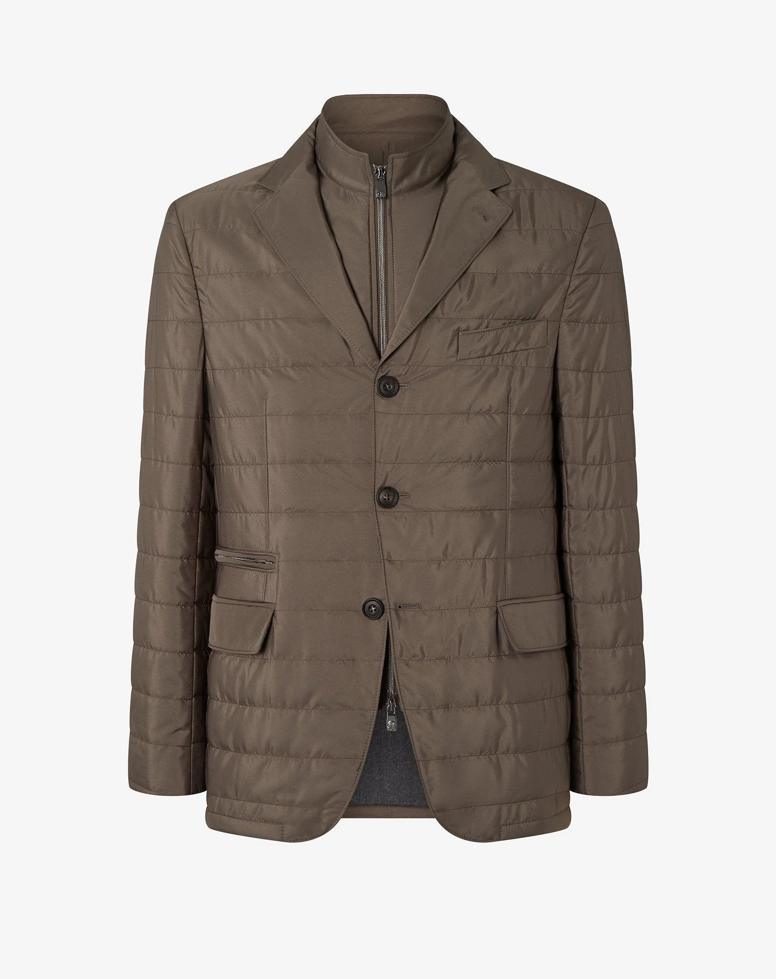 Brown techno poplin jacket with detachable vest - 1