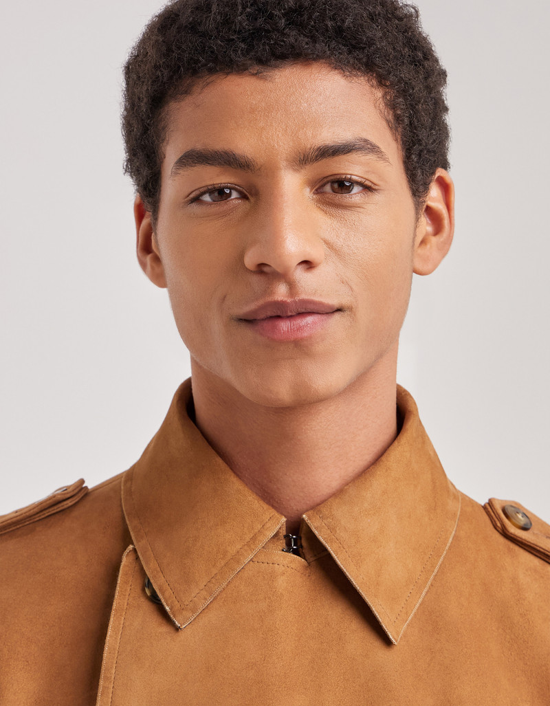 CARAMEL MIXED-MATERIAL ULTRALIGHT SUEDE BOMBER JACKET WITH KNIT INSERTS 266