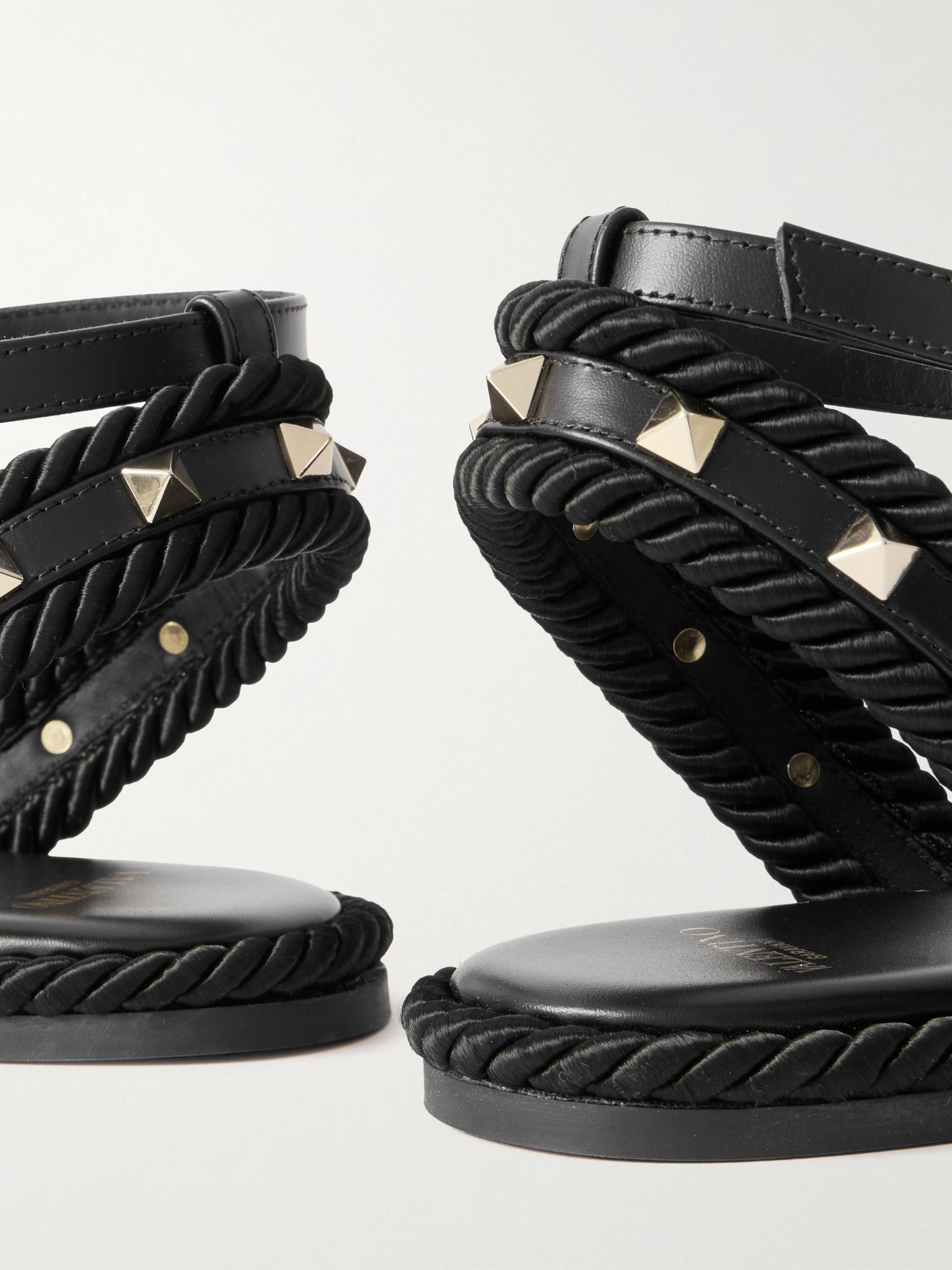 Torchon rope-trimmed studded leather sandals Black - 4