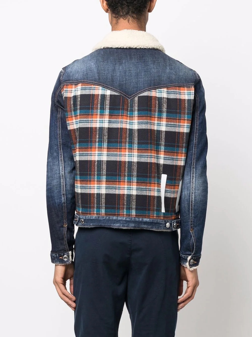 plaid-panelled denim jacket - 4