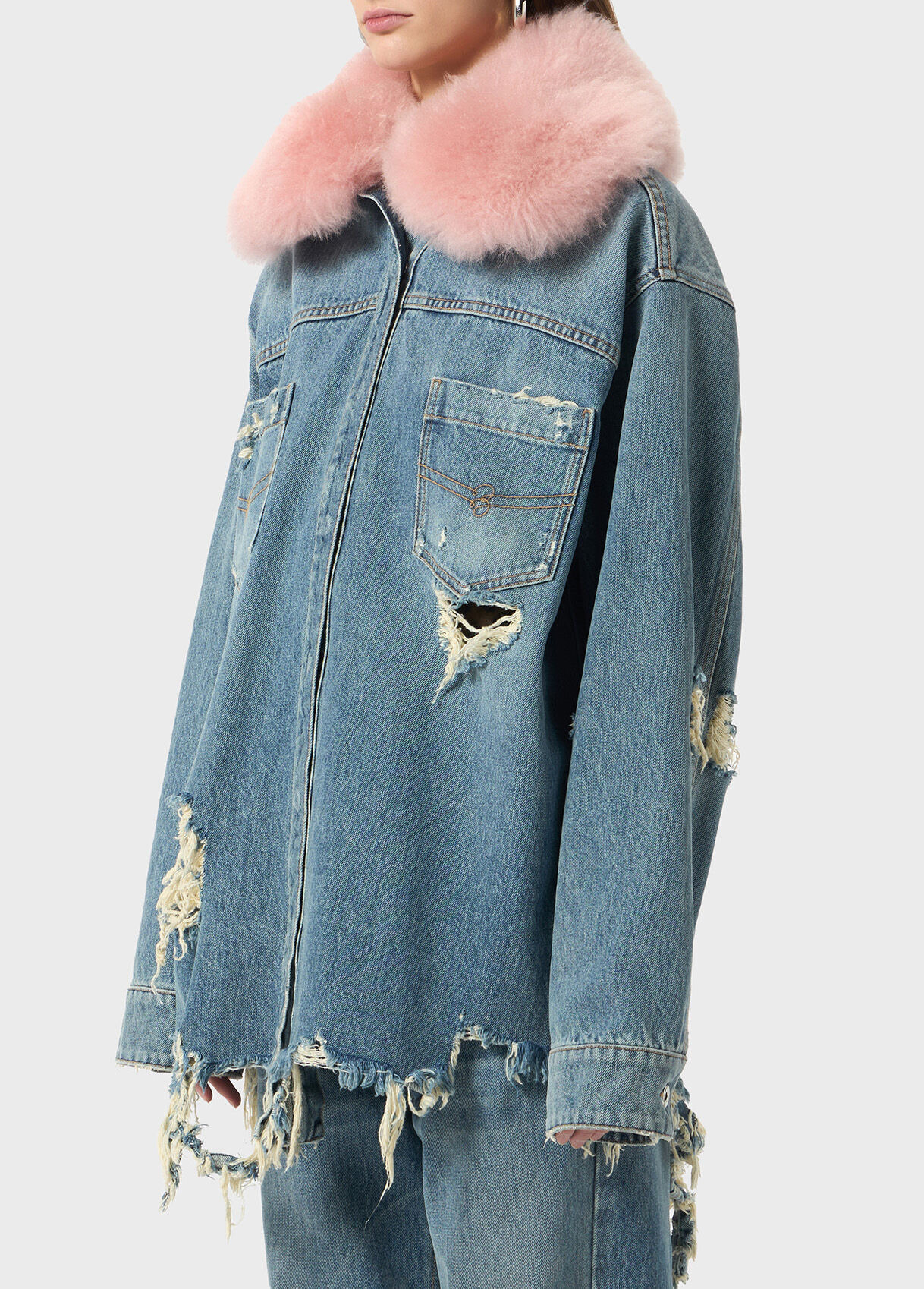DENIM SHIRT WITH FAUX FUR COLLAR - 4