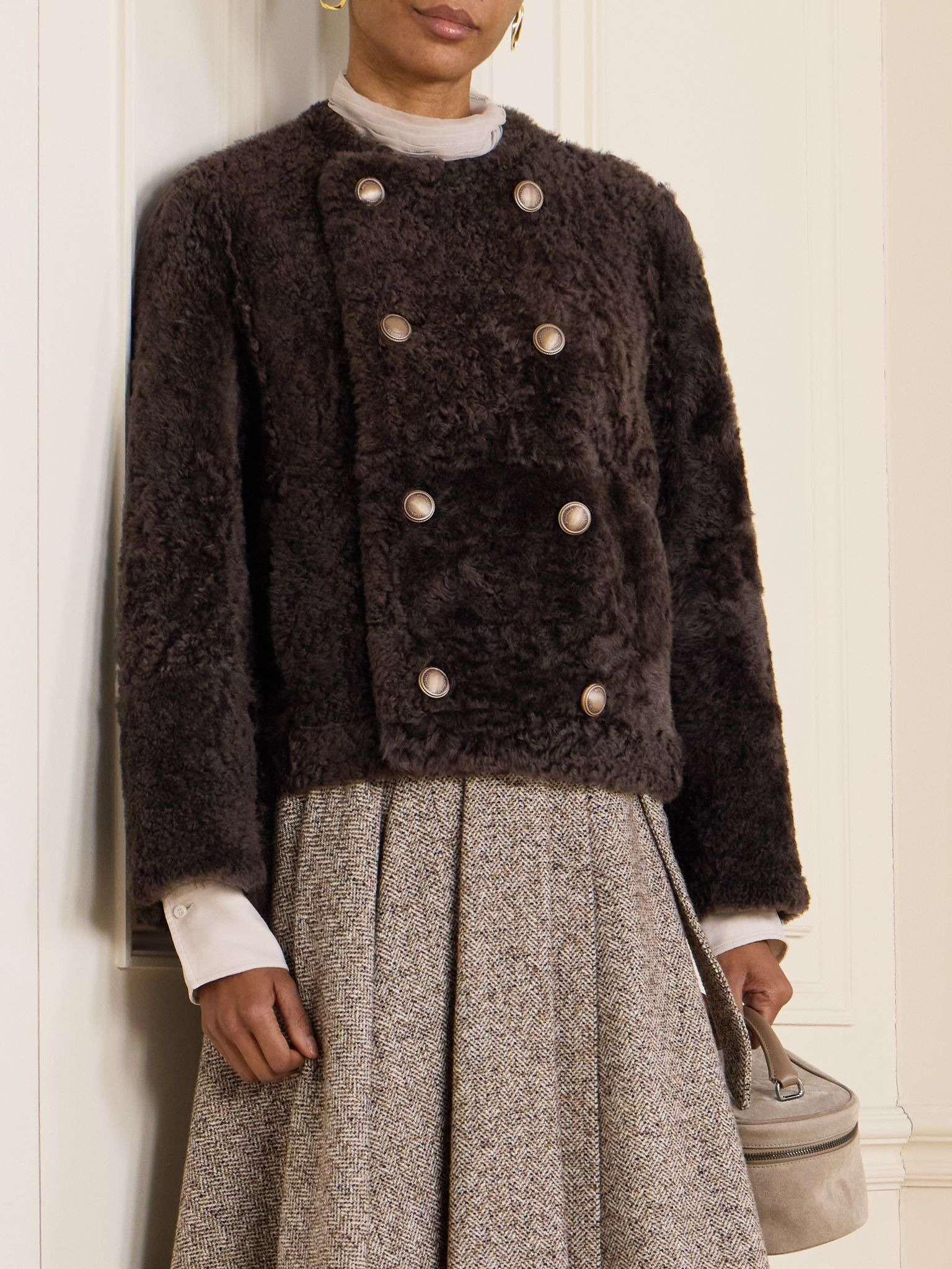 Double-breasted reversible shearling jacket Brown - 3