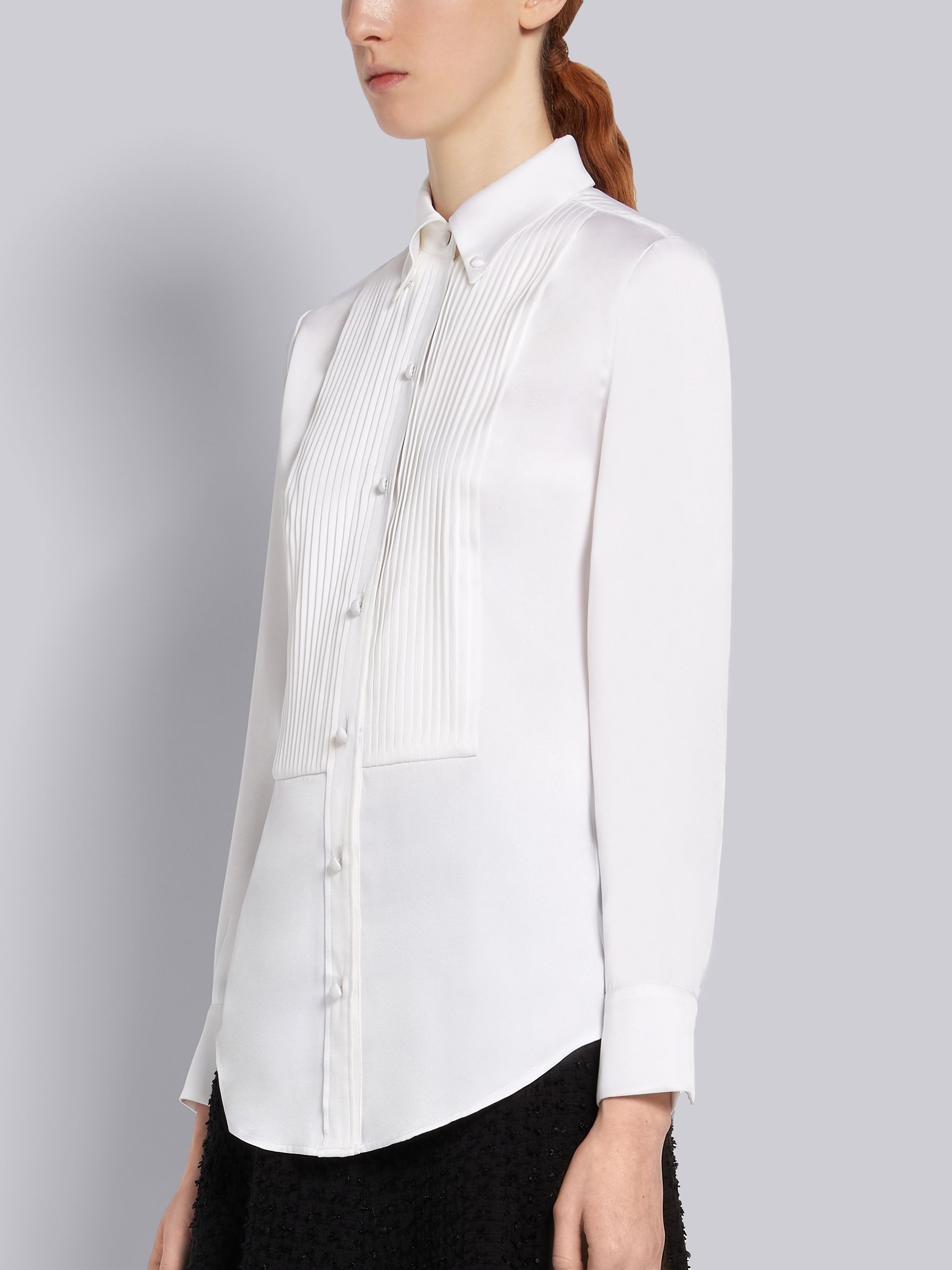 White Double Face Satin Silk Pleated Bib Long Sleeve Point Collar Shirt - 2