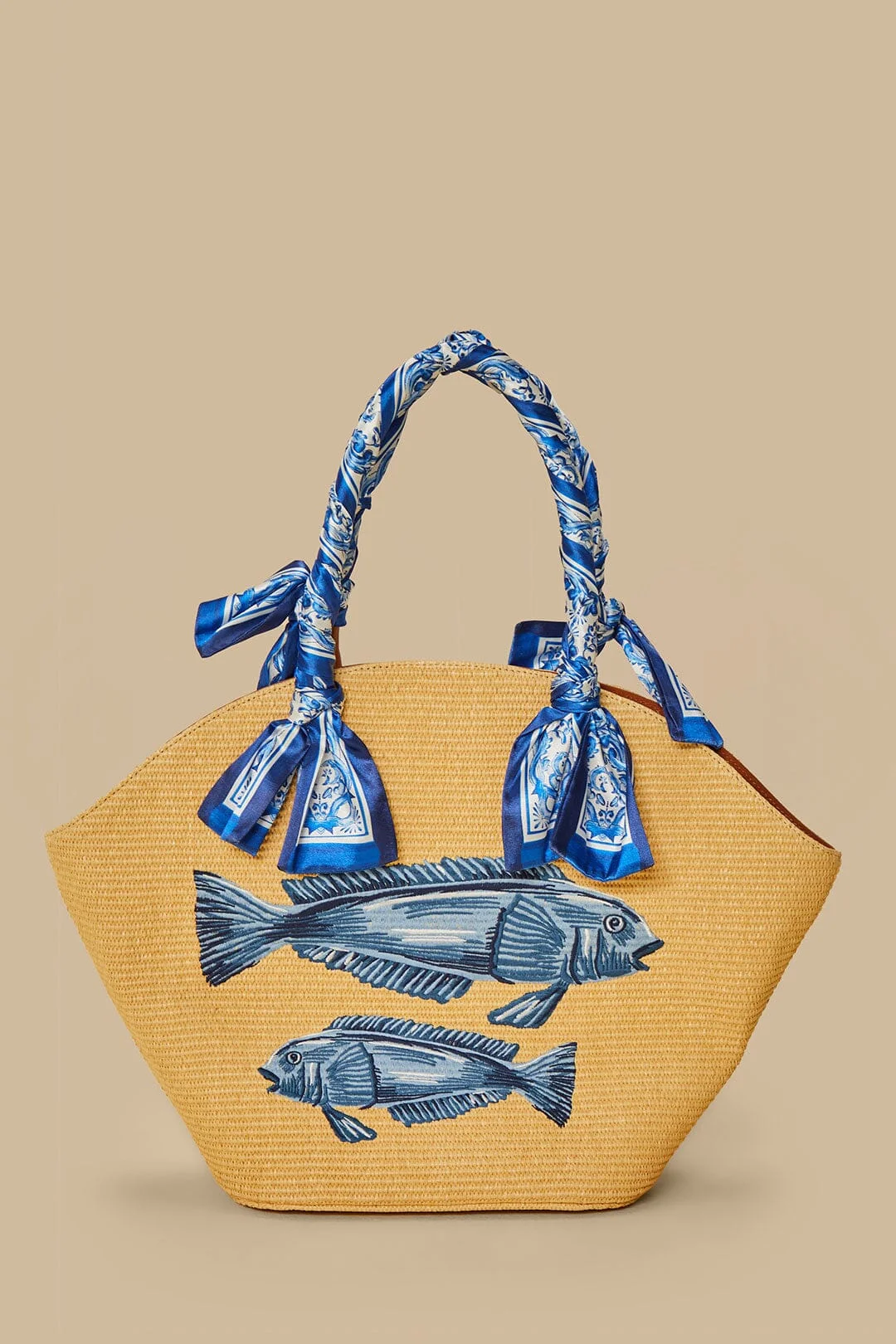 Blue Garden Tiles Raffia Shell Tote - 1