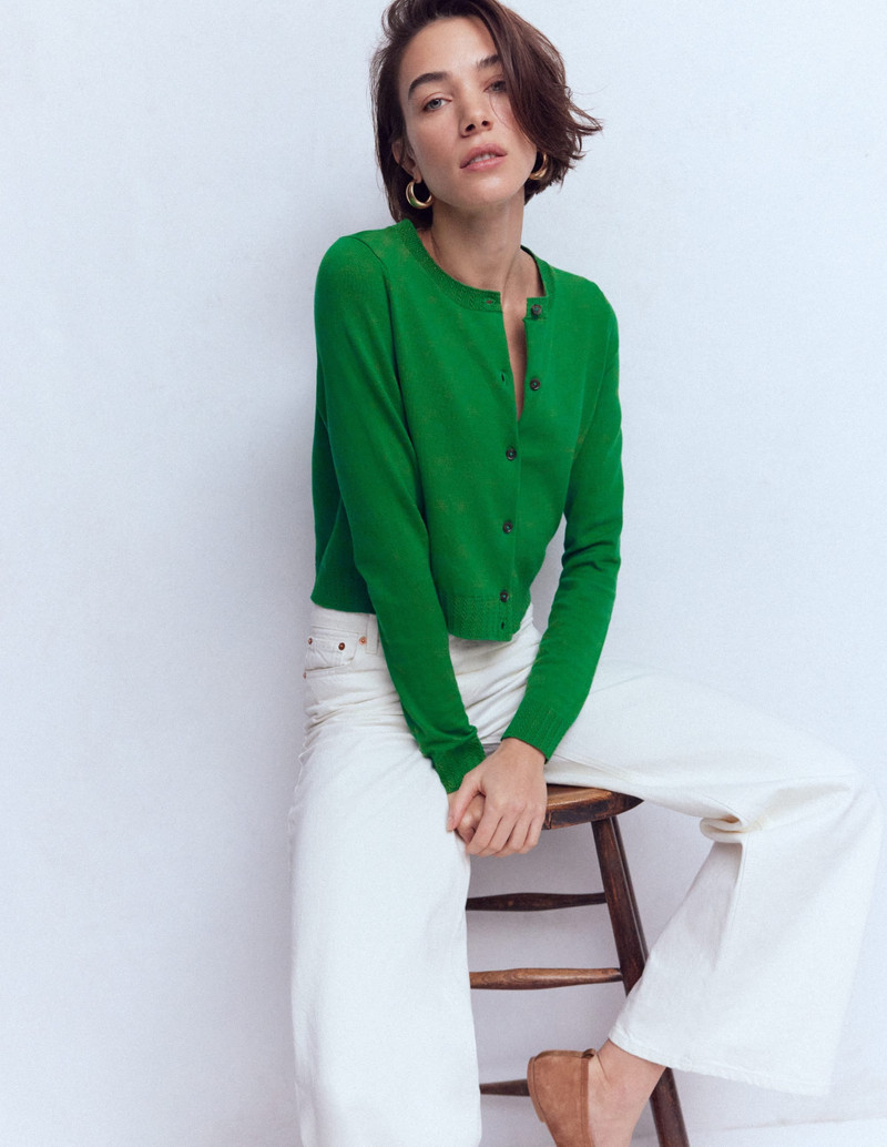 Emilia Cotton Cropped Cardigan-Rich Emerald 1