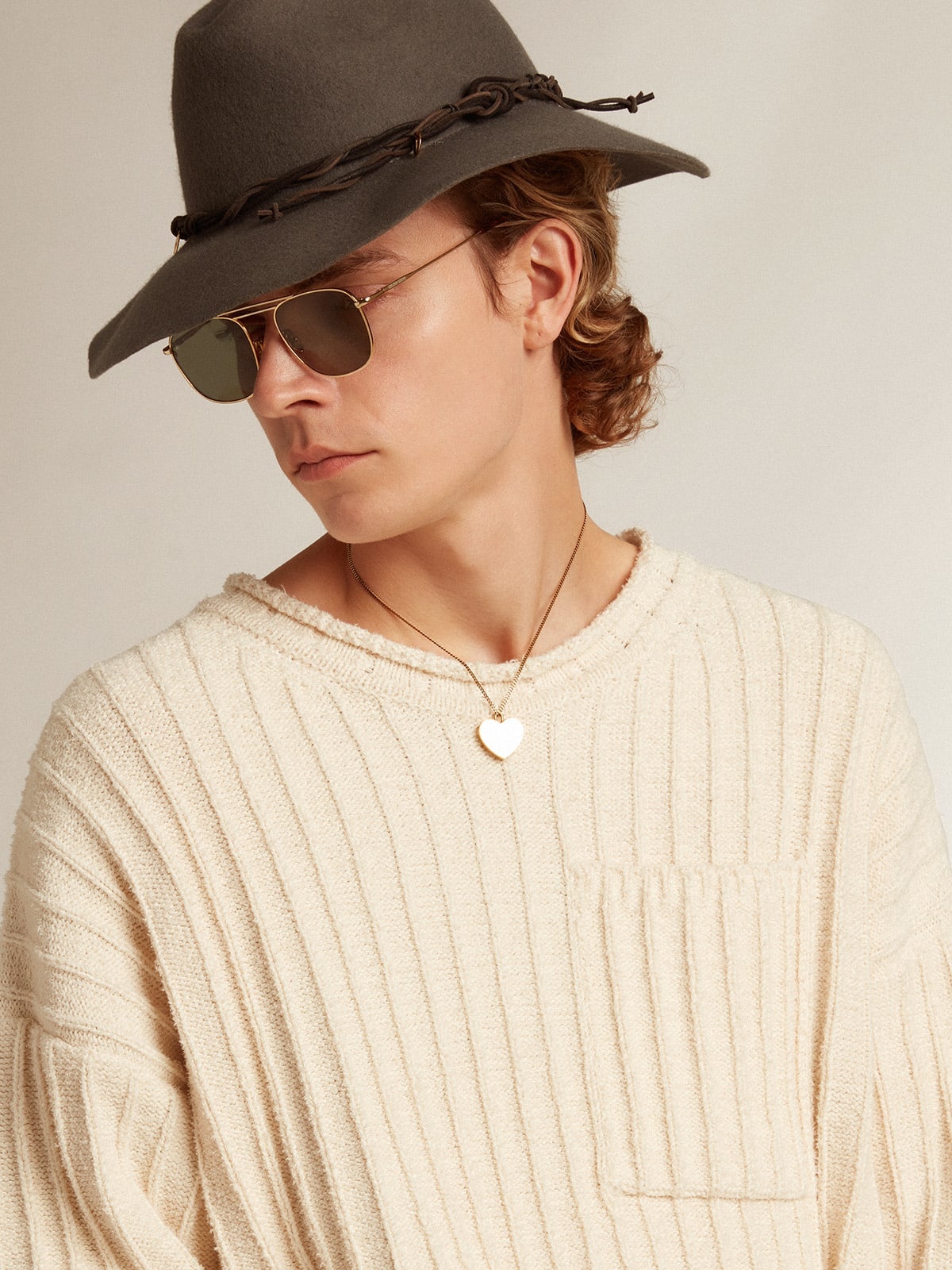 Round-neck sweater in papyrus-colored cotton-blend yarn - 2