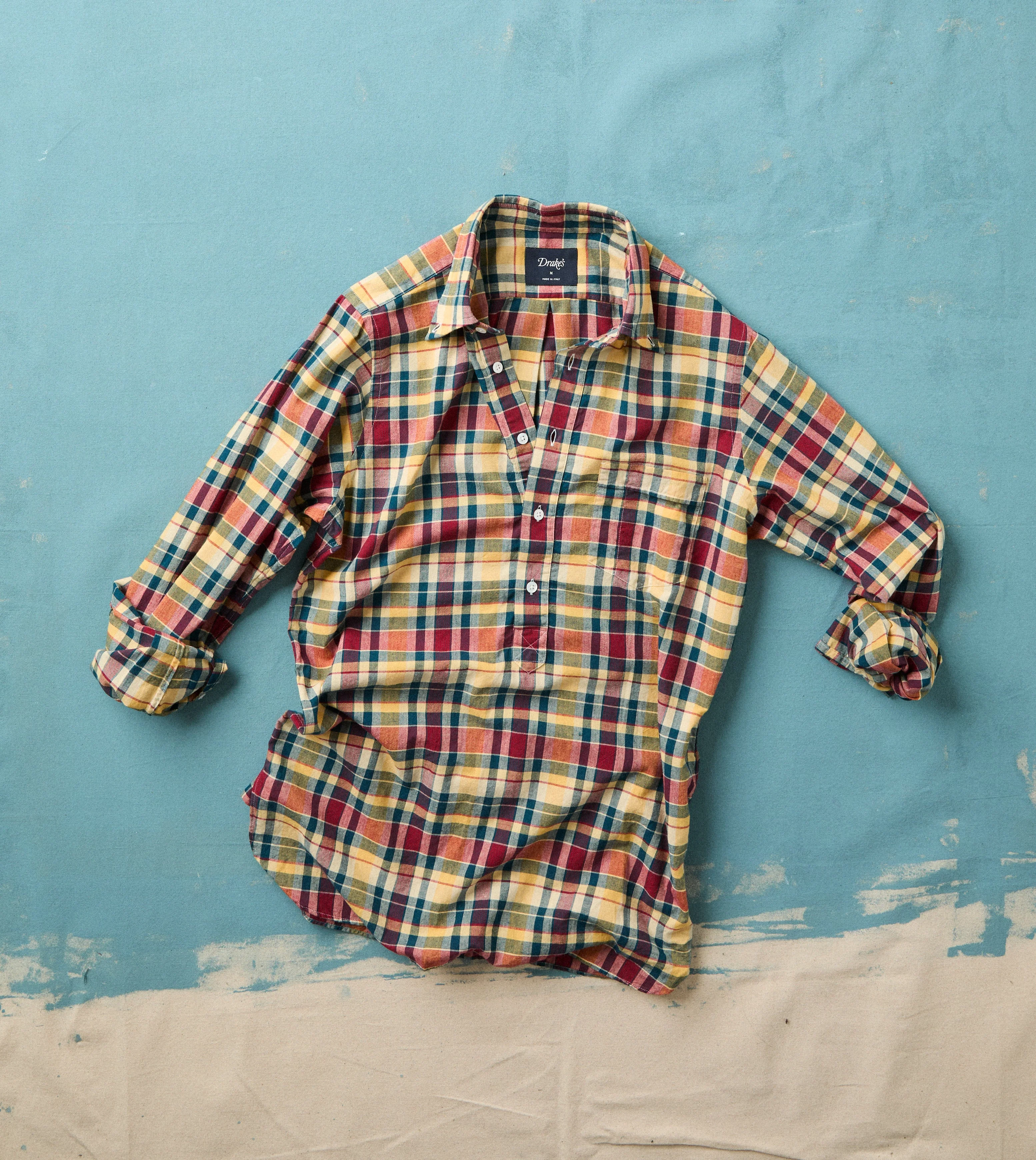 Navy, Yellow and Red Madras Check Cotton Button-Down Popover Shirt - 1