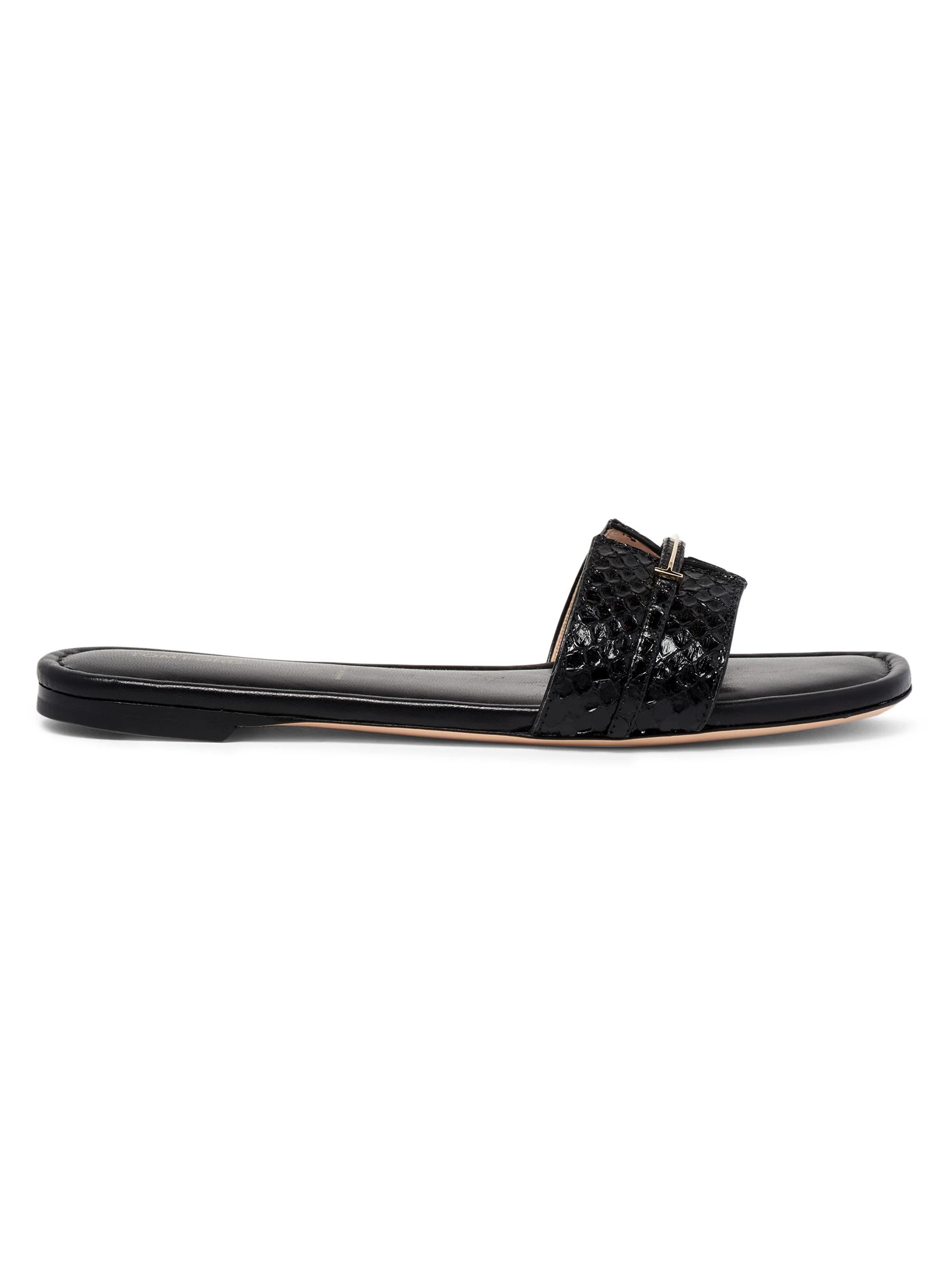 Women's Snake-Embossed Leather Flat Sandals - Black - 1