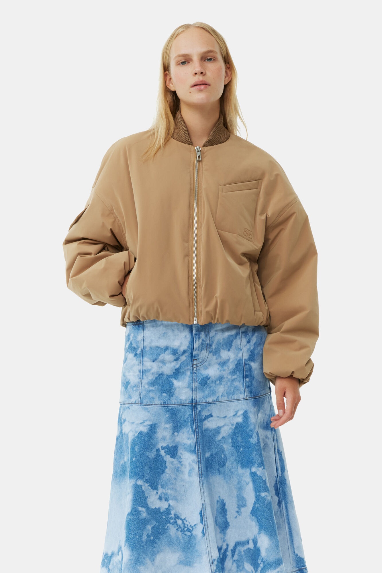 BROWN LIGHT TWILL OVERSIZED SHORT BOMBER JACKET - 2