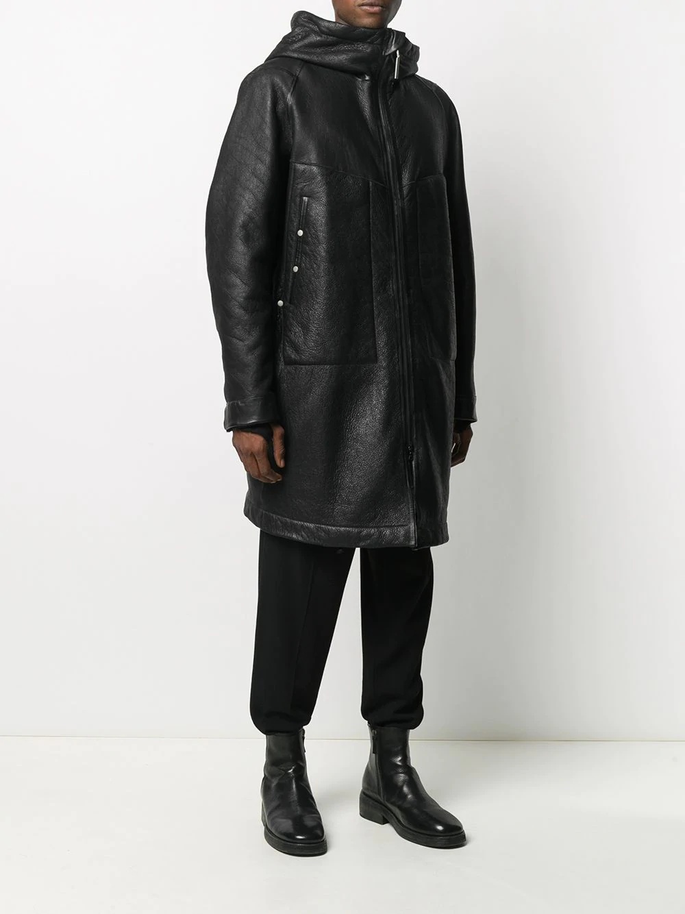 hooded pebbled-effect leather coat - 3