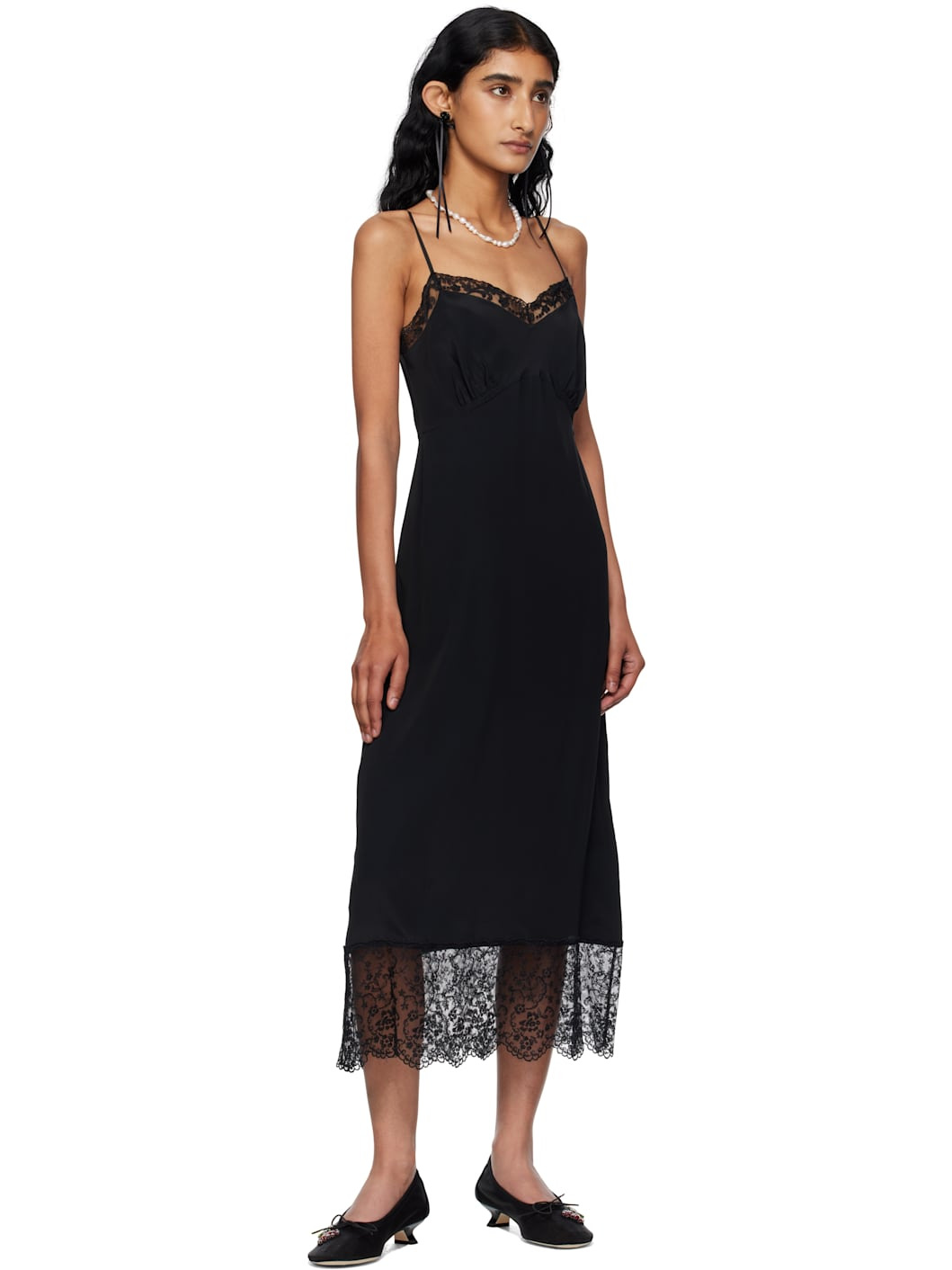 Black Deep Lace Trim Slip Midi Dress - 4
