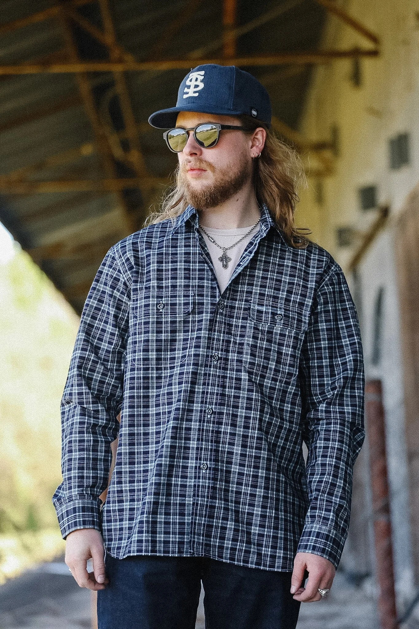 SC29672 SUGAR CANE FICTION ROMANCE 4OZ INDIGO CHECK WORK SHIRT- INDIGO CHECK - 1