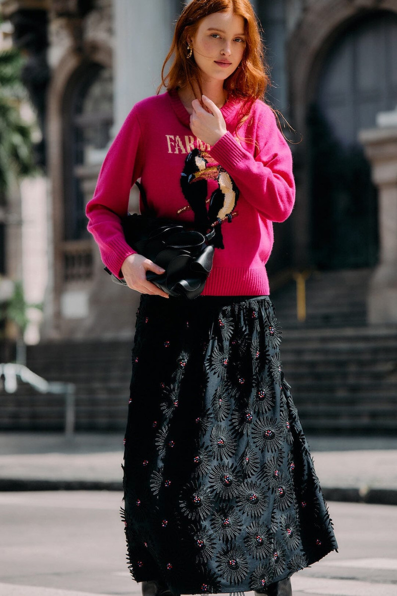 Black 3D Flowers Embroidered Midi Skirt 3
