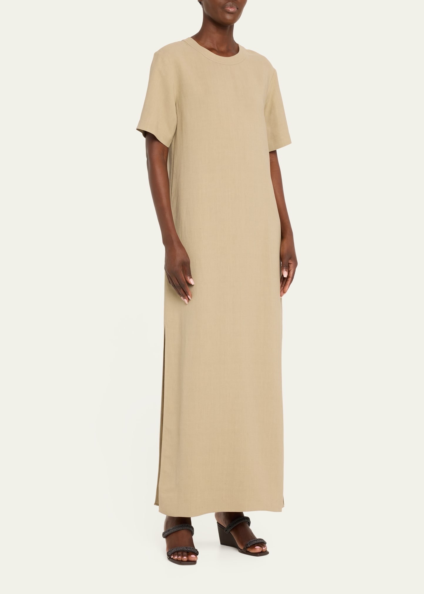 Fluid Linen Twill T-Shirt Dress with Slits and Monili Detail - 4