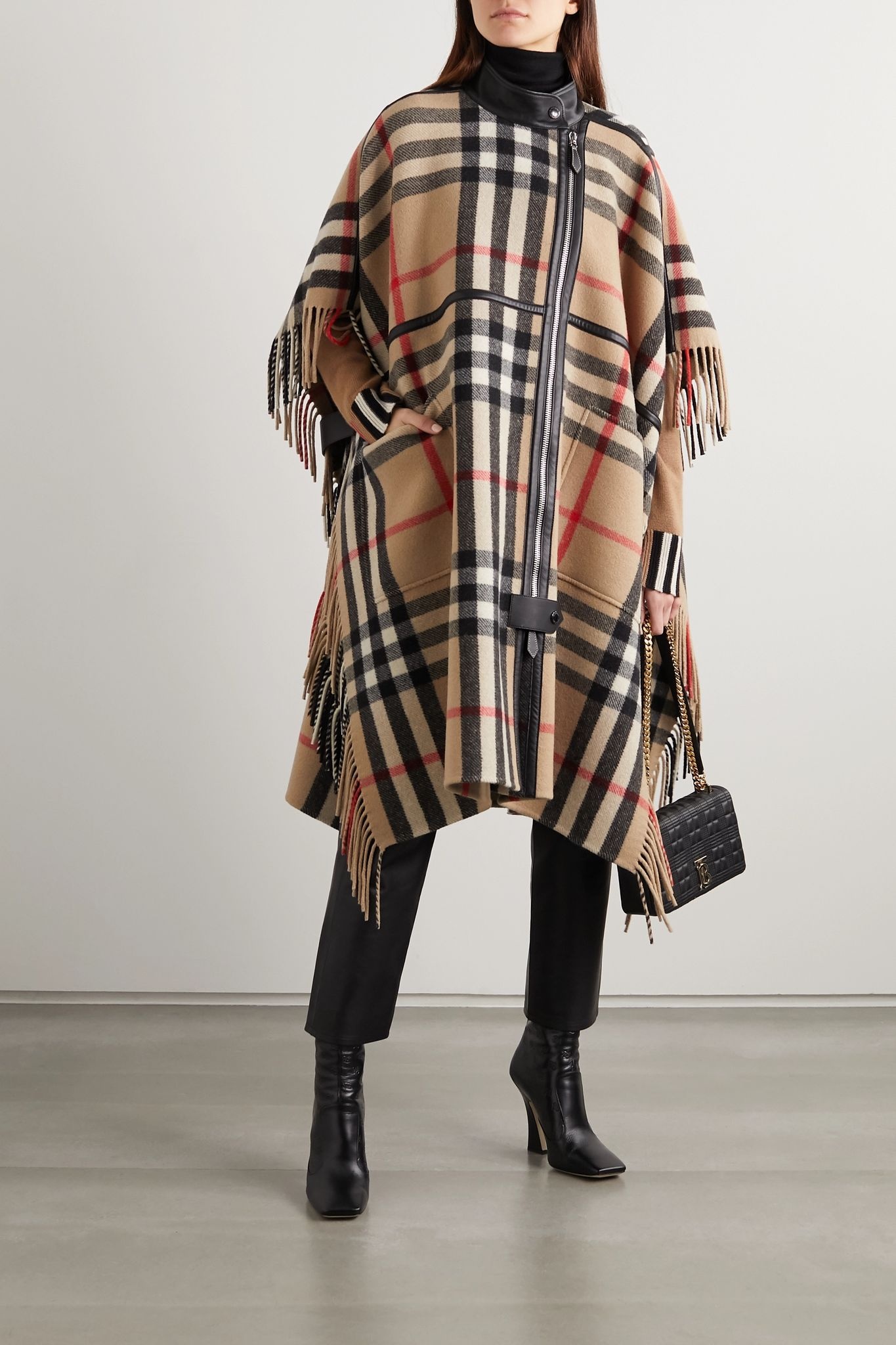 Leather-trimmed fringed checked wool-blend cape - 2