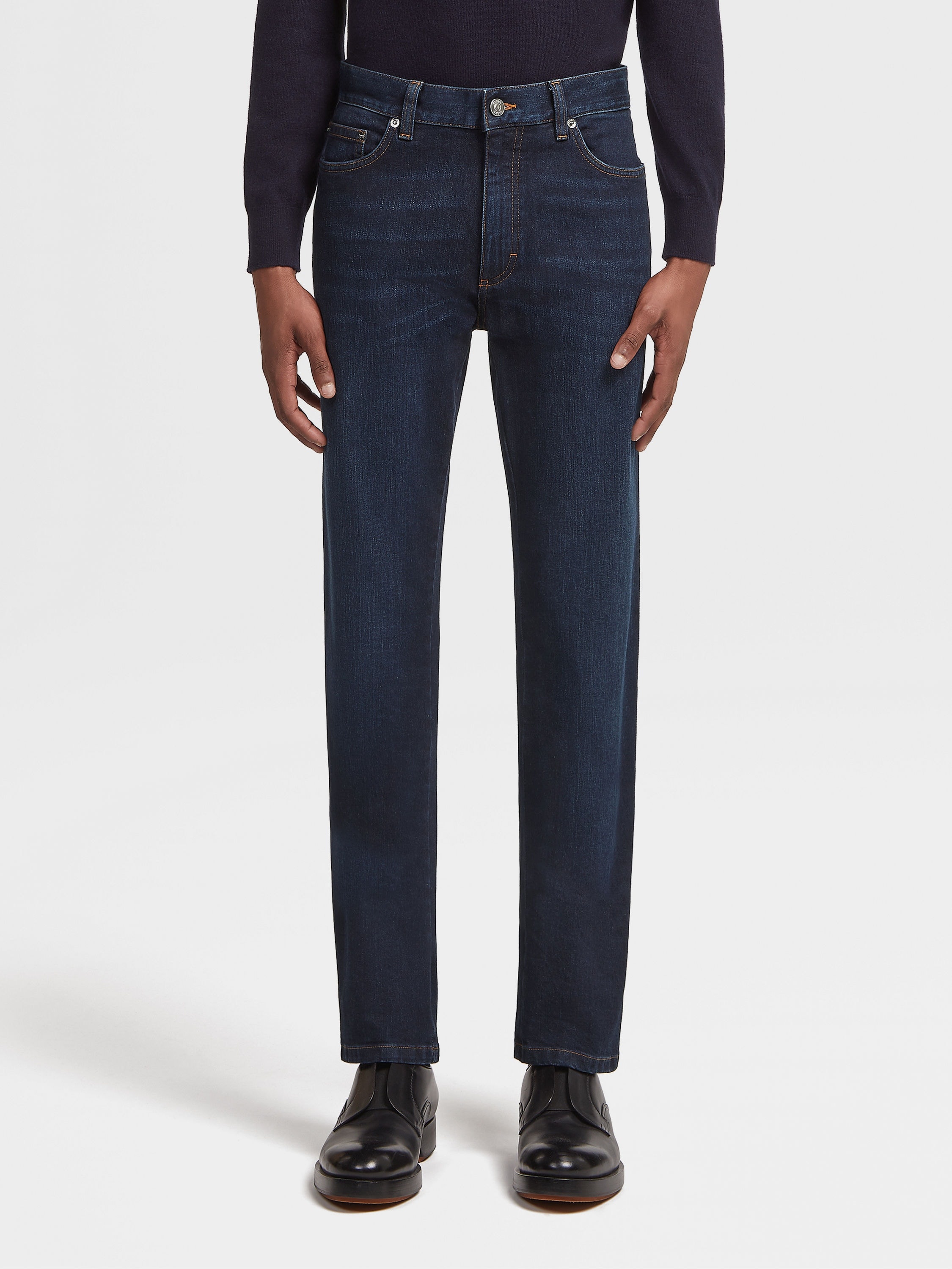DARK BLUE STONE-WASHED COTTON ROCCIA JEANS - 2