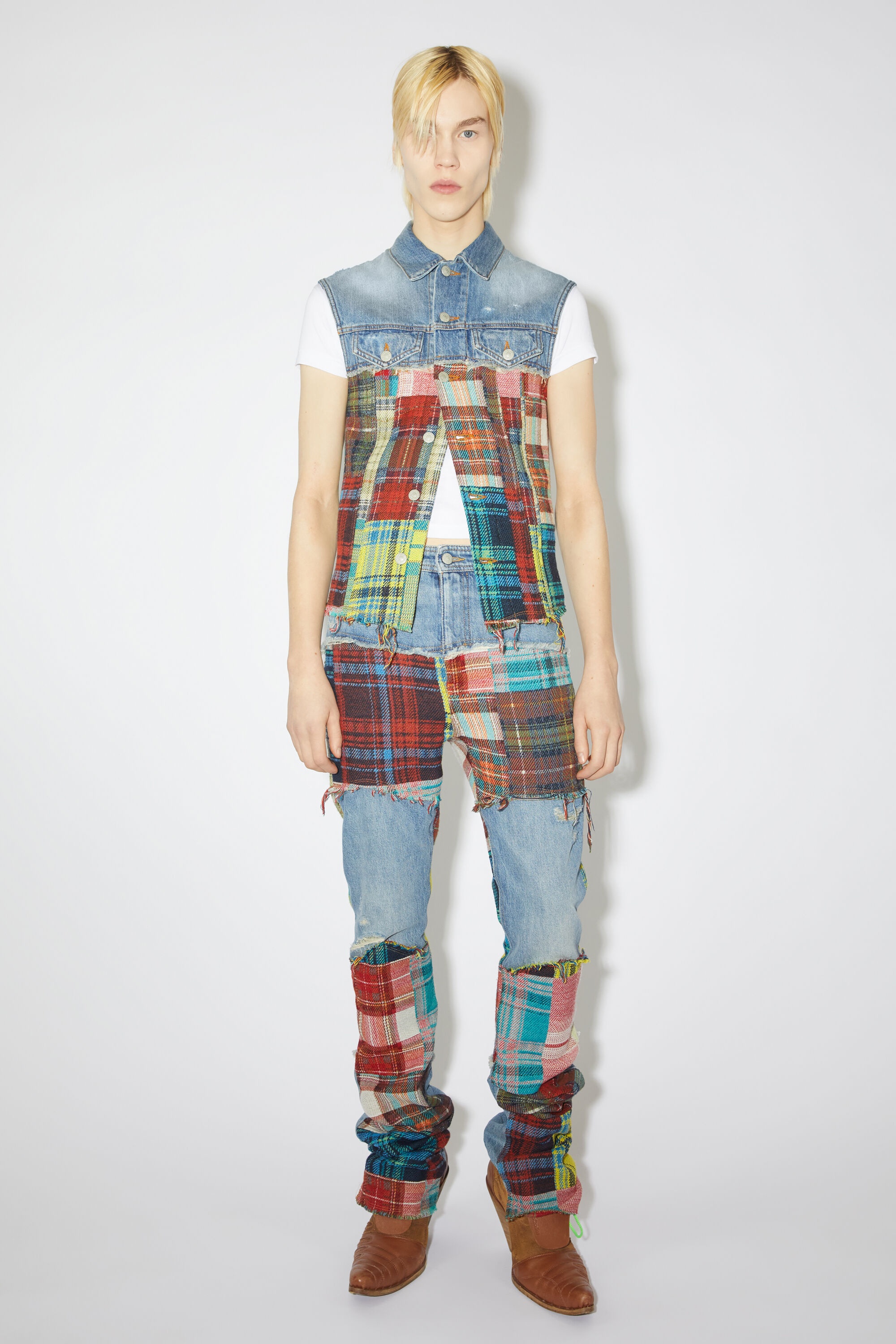 Denim tartan patchwork vest - Mid Blue - 2