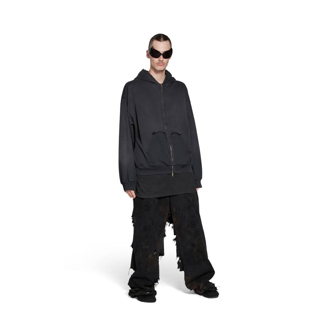 Tape Type Ripped Pocket Zip-up Hoodie Large Fit in Black Faded - 2