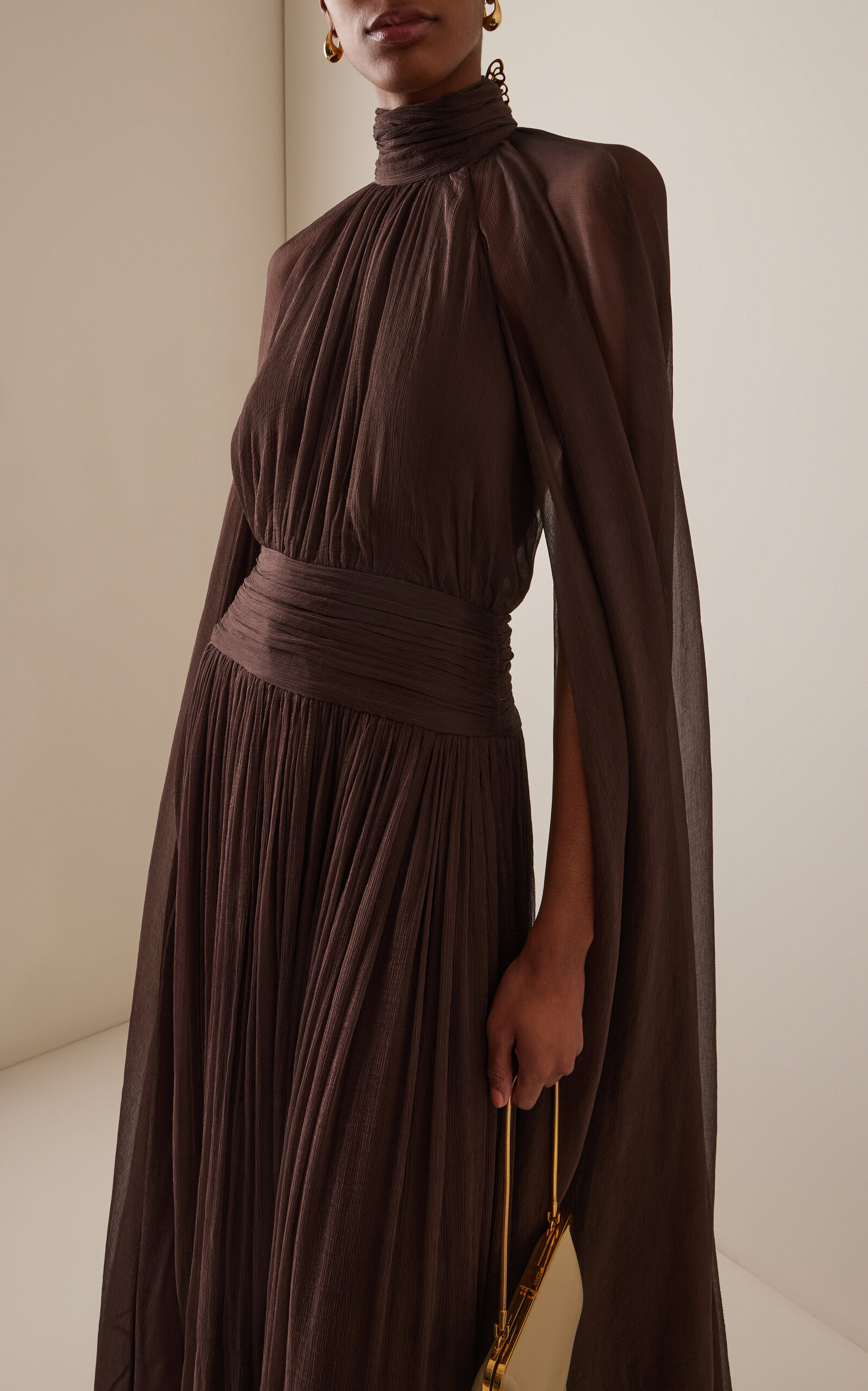 Crinkled Silk Chiffon Caftan brown - 3