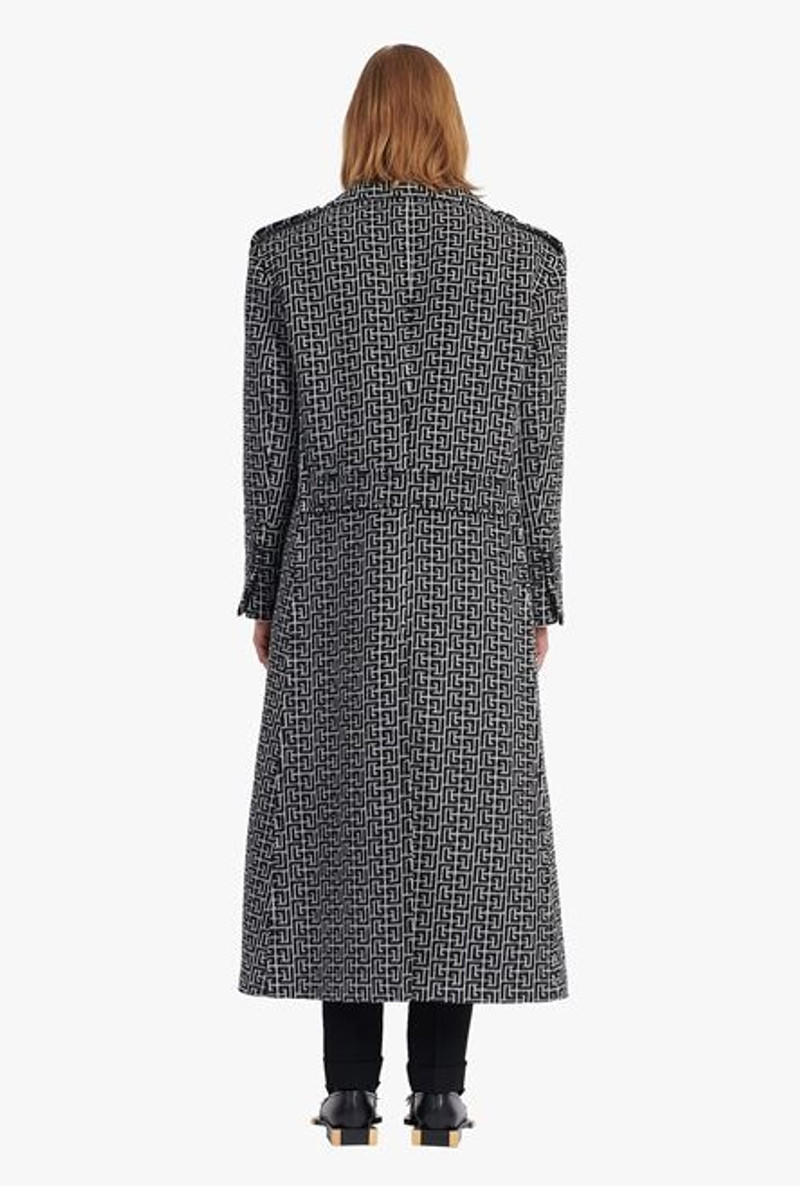 Long ivory and black Balmain monogram wool coat 3