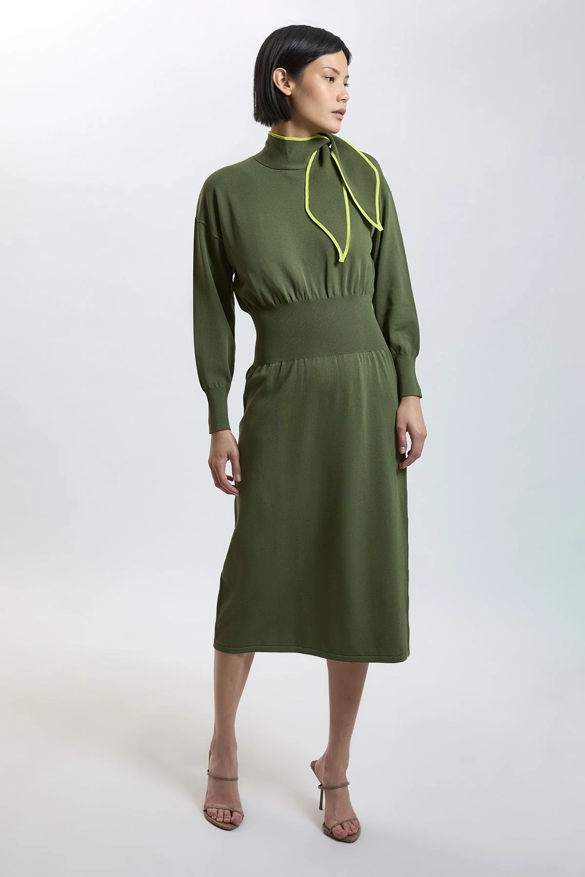 Petite Knitted Viscose Necktie Detail Midi Dress - 1