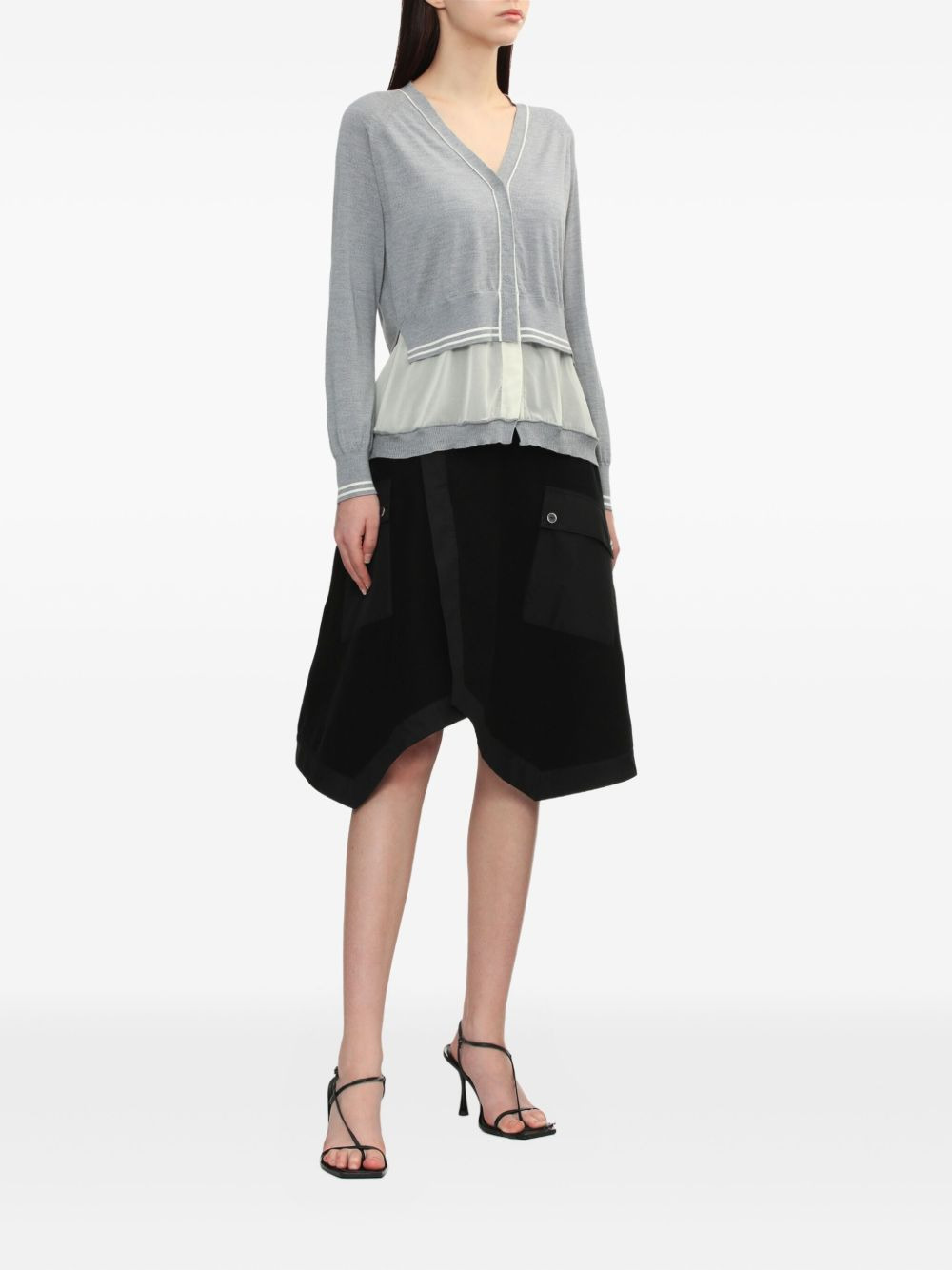 chiffon-trim V-neck wool cardigan - 2