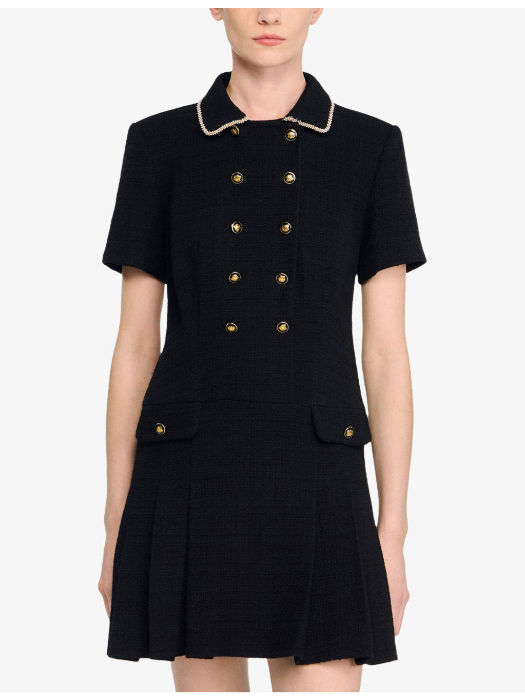 Short-Sleeve Button-Up Tweed Mini Dress - 3