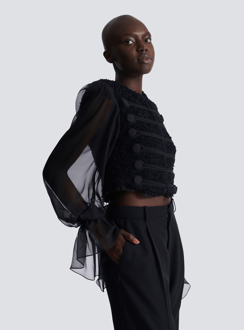 Edge-to-edge tweed and chiffon jacket 6