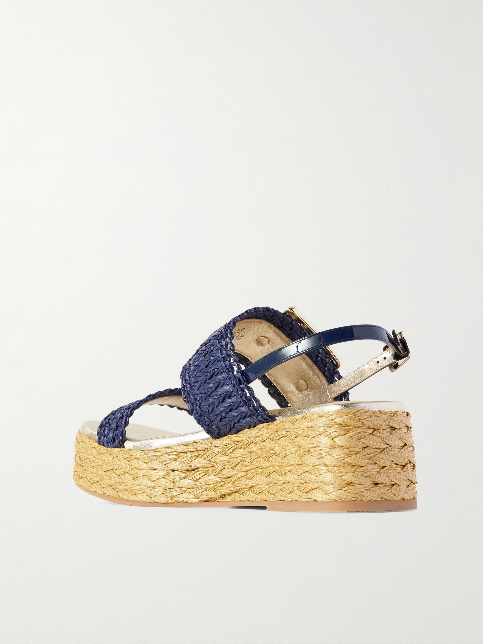 60 crystal-embellished patent-leather trimmed raffia platform espadrille sandals Blue - 3