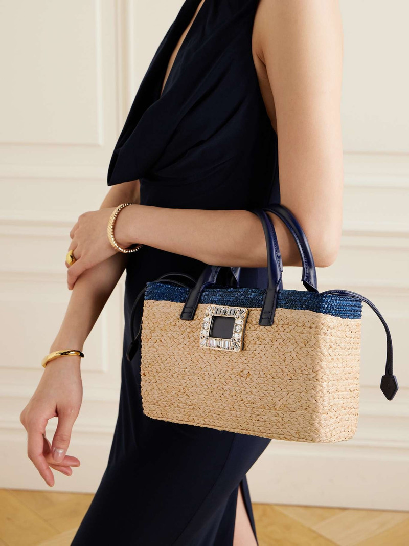 Roger Vivier Viv Skate crystal-embellished leather-trimmed raffia tote outlook