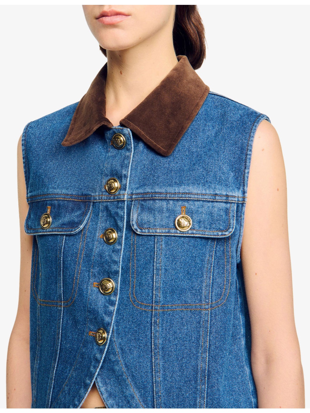 Contrast-Collar Button-Down Sleeveless Denim Jacket - 5