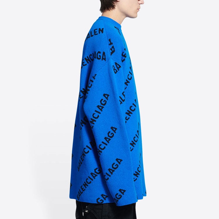Balenciaga All Over Logo Crewneck Wool Knit Sweater 'Blue' 657400T15673964 - 5