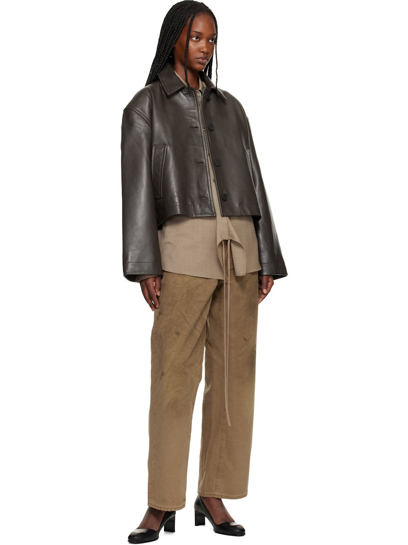 Studio Nicholson Brown Button Through Cropped Leather Jacket outlook