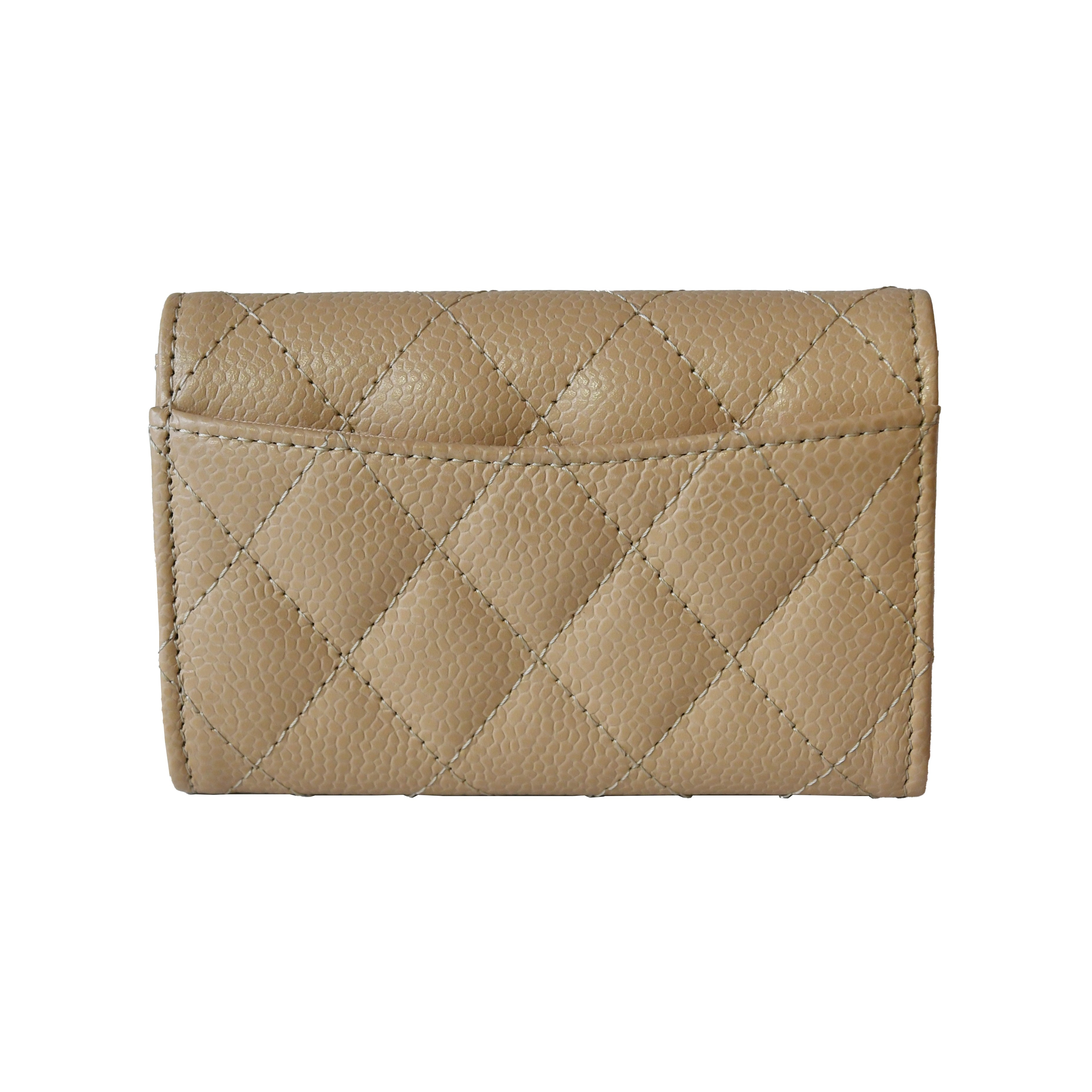 Chanel CC Quilted Caviar Flap Card Holder Wallet Beige Silver - 2