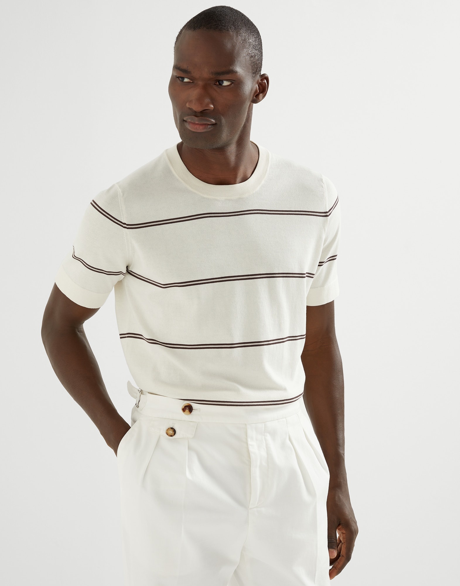 Cotton lightweight knit T-shirt with stripes - 4