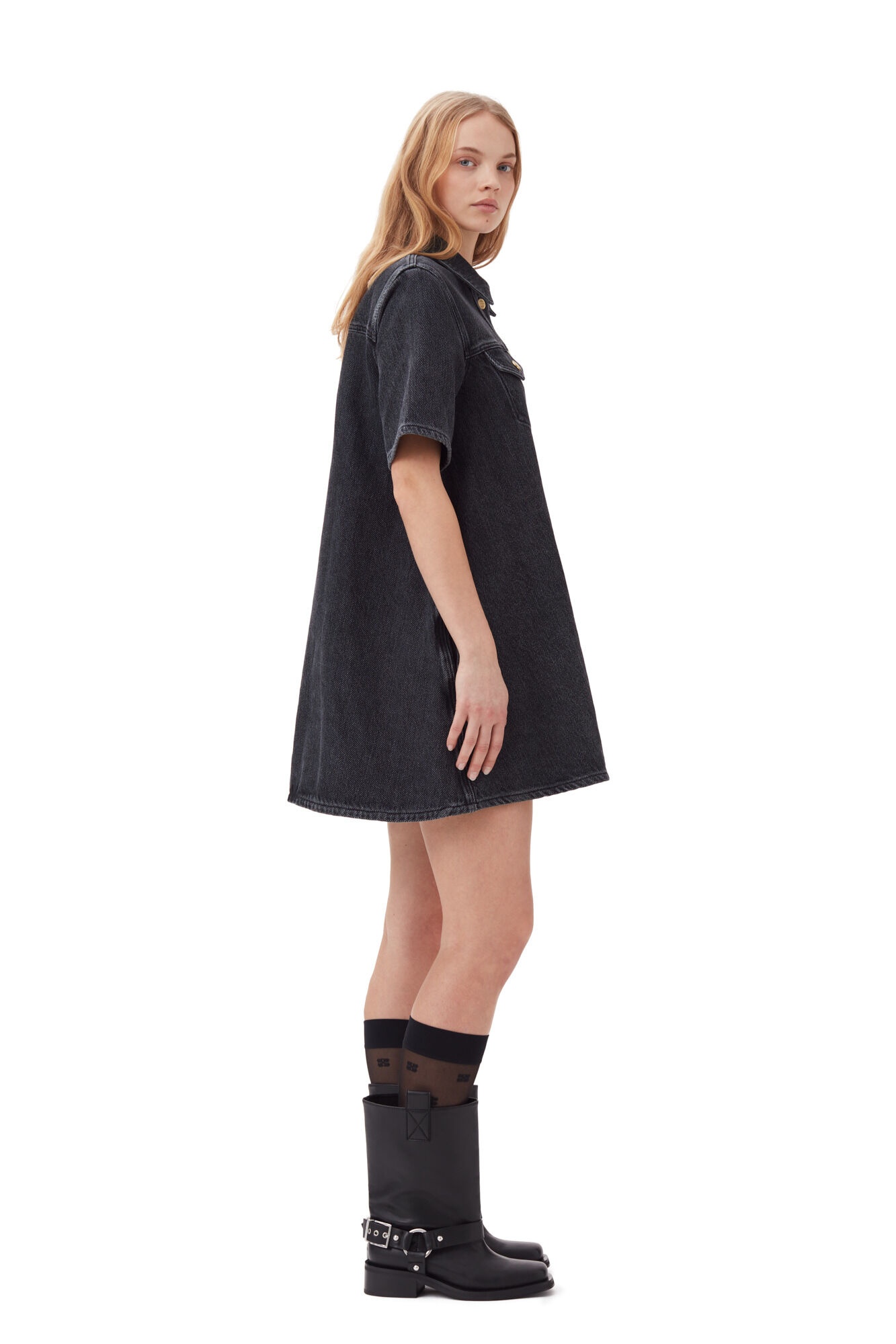 washed black heavy denim mini dress Cannon Belted Denim Mini Dress in Denim Black