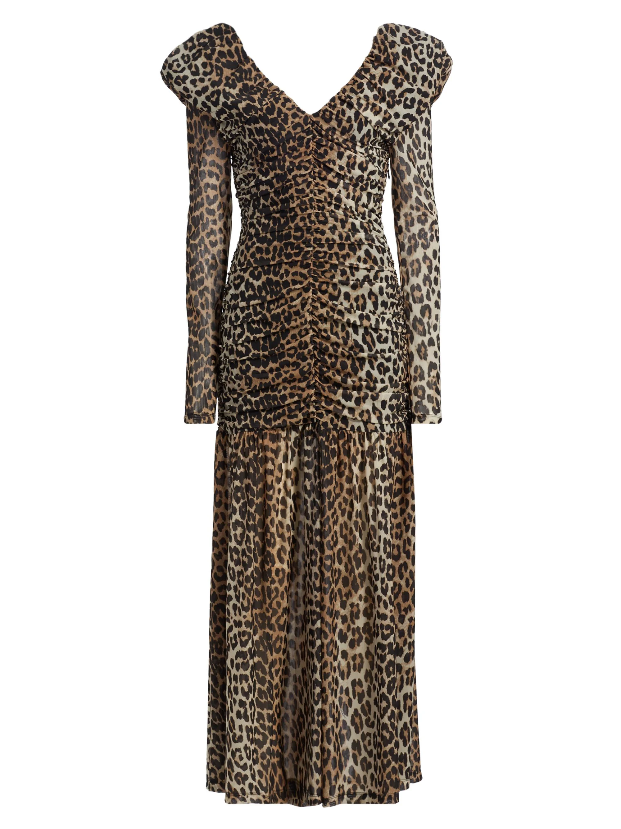 Women's Ruched Leopard Mesh Maxi Dress - Big Leopard Almond Milk - 1