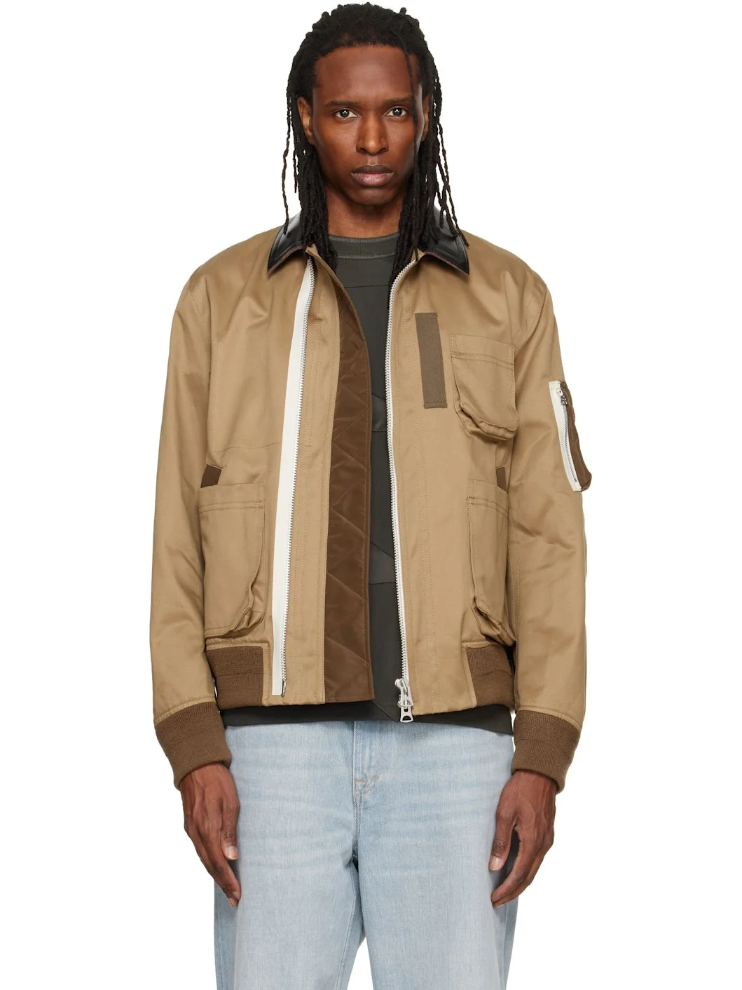 Beige Cotton Chino Bomber Jacket - 1