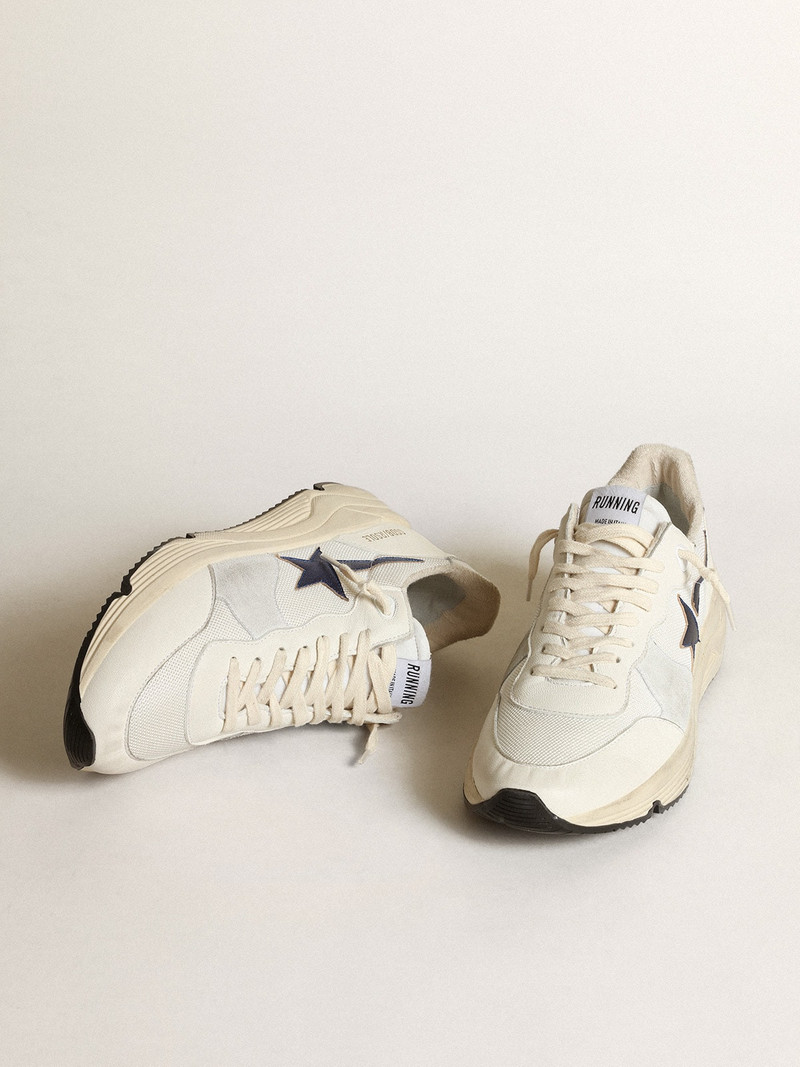 Golden Goose Running Sole in white mesh and nappa leather with a blue star outlook