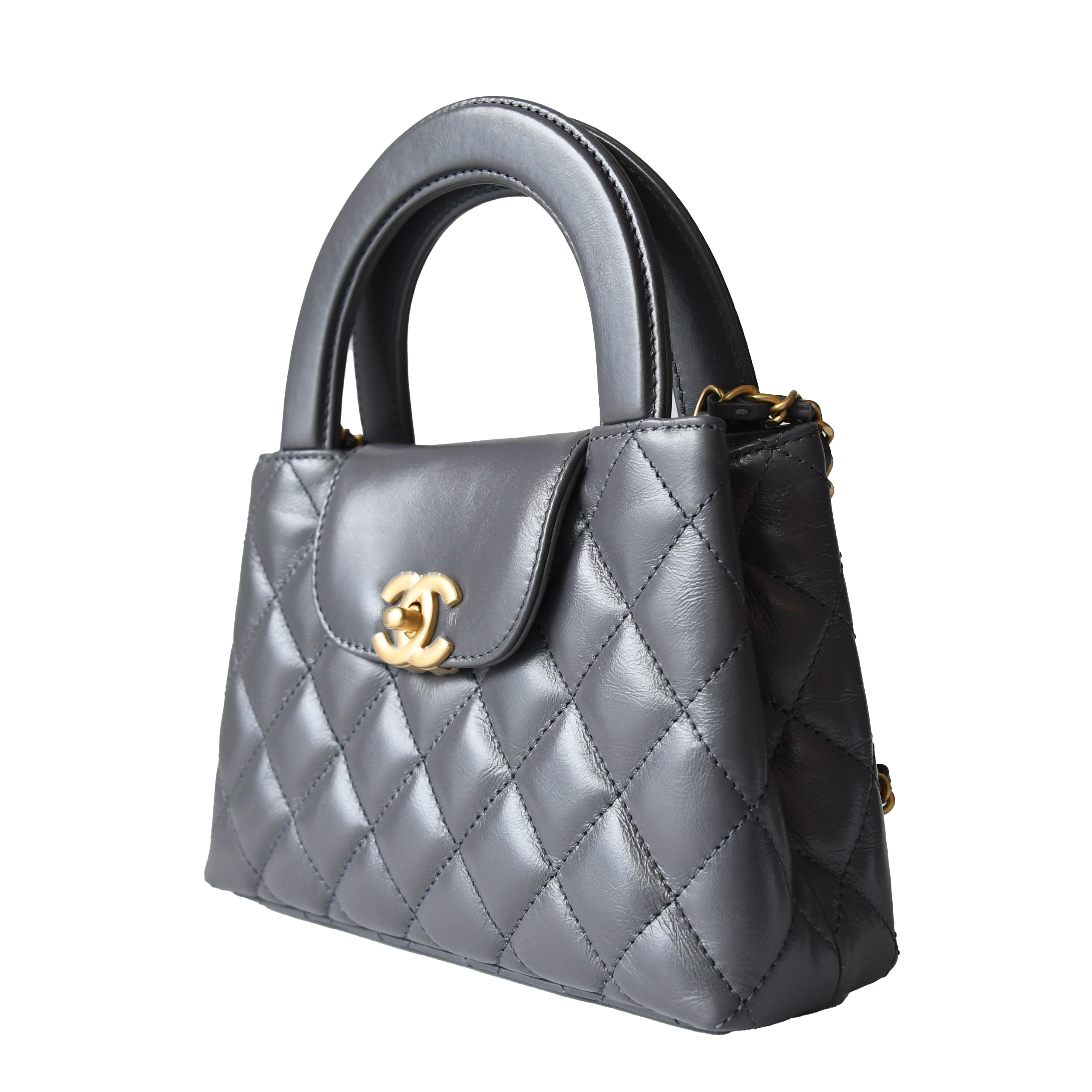 Chanel Shiny Aged Calfskin Quilted Mini Kelly Brushed Gold Hardware Grey - 4