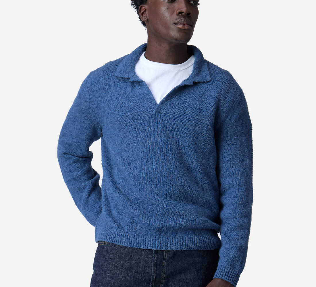 Long Sleeve Knit Polo - Lapis Boucle - 3
