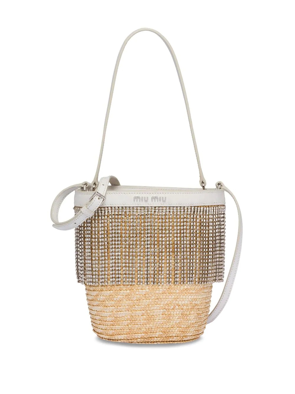 crystal-embellished straw bucket bag - 1