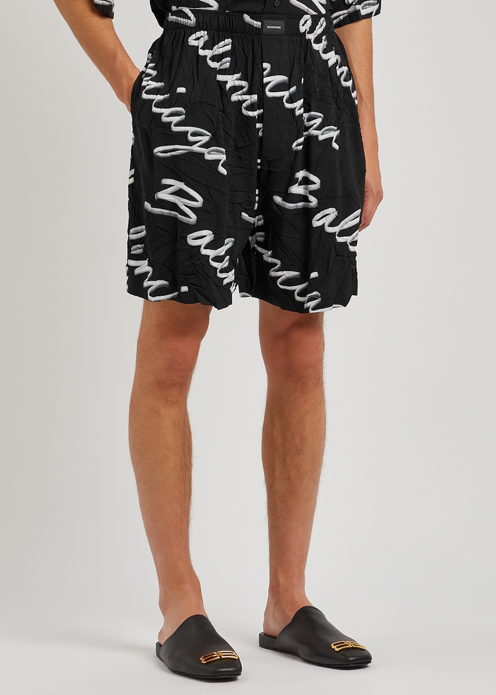 Scribble black logo-print crinkled shorts - 2