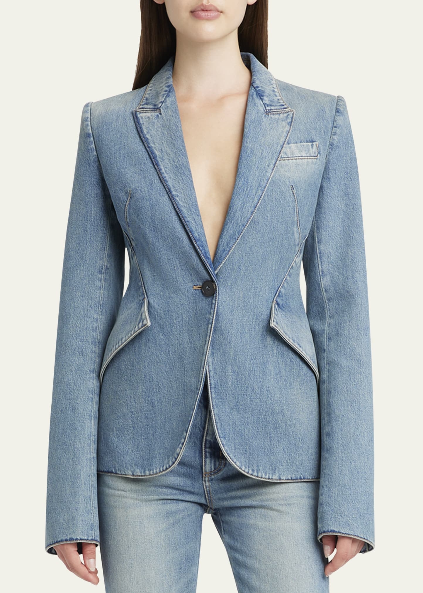 One-Button Denim Blazer - 4