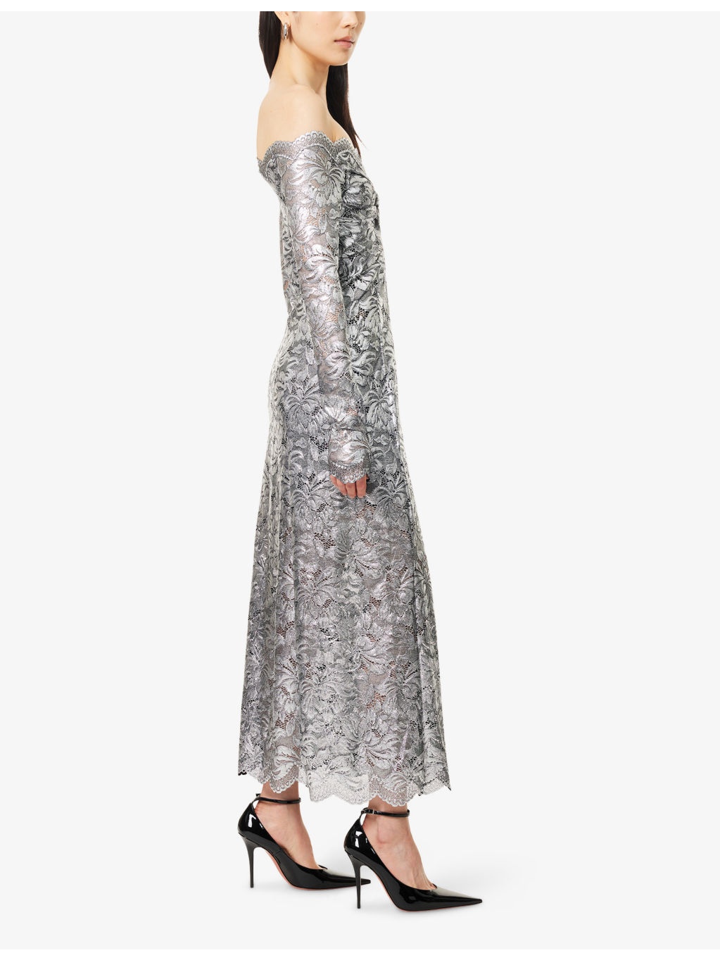 Lace Off-Shoulder Stretch-Woven Midi Dress - 3