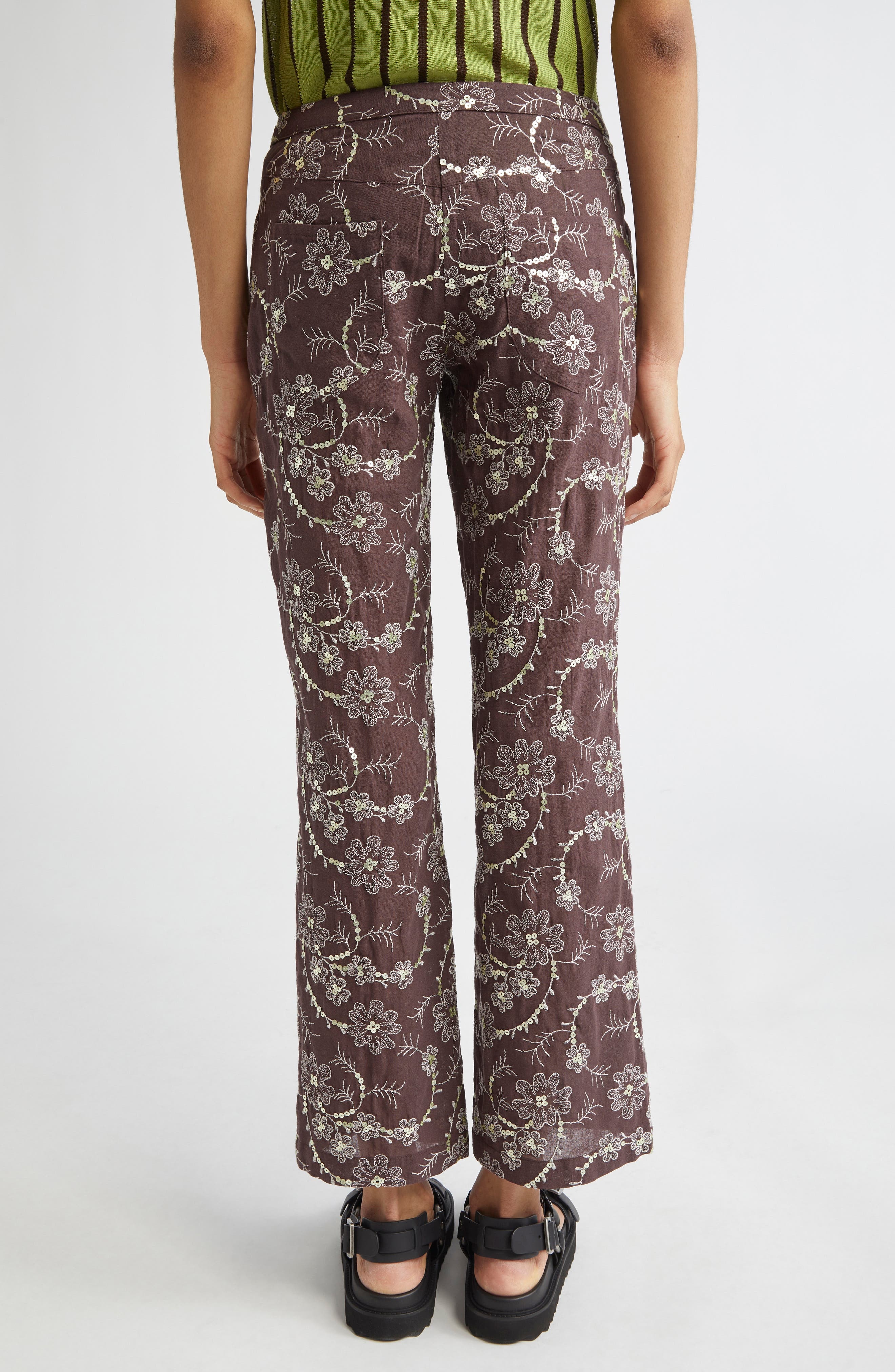 Siedrés Cera Floral Sequin Straight Leg Pants in Brown at Nordstrom - 3