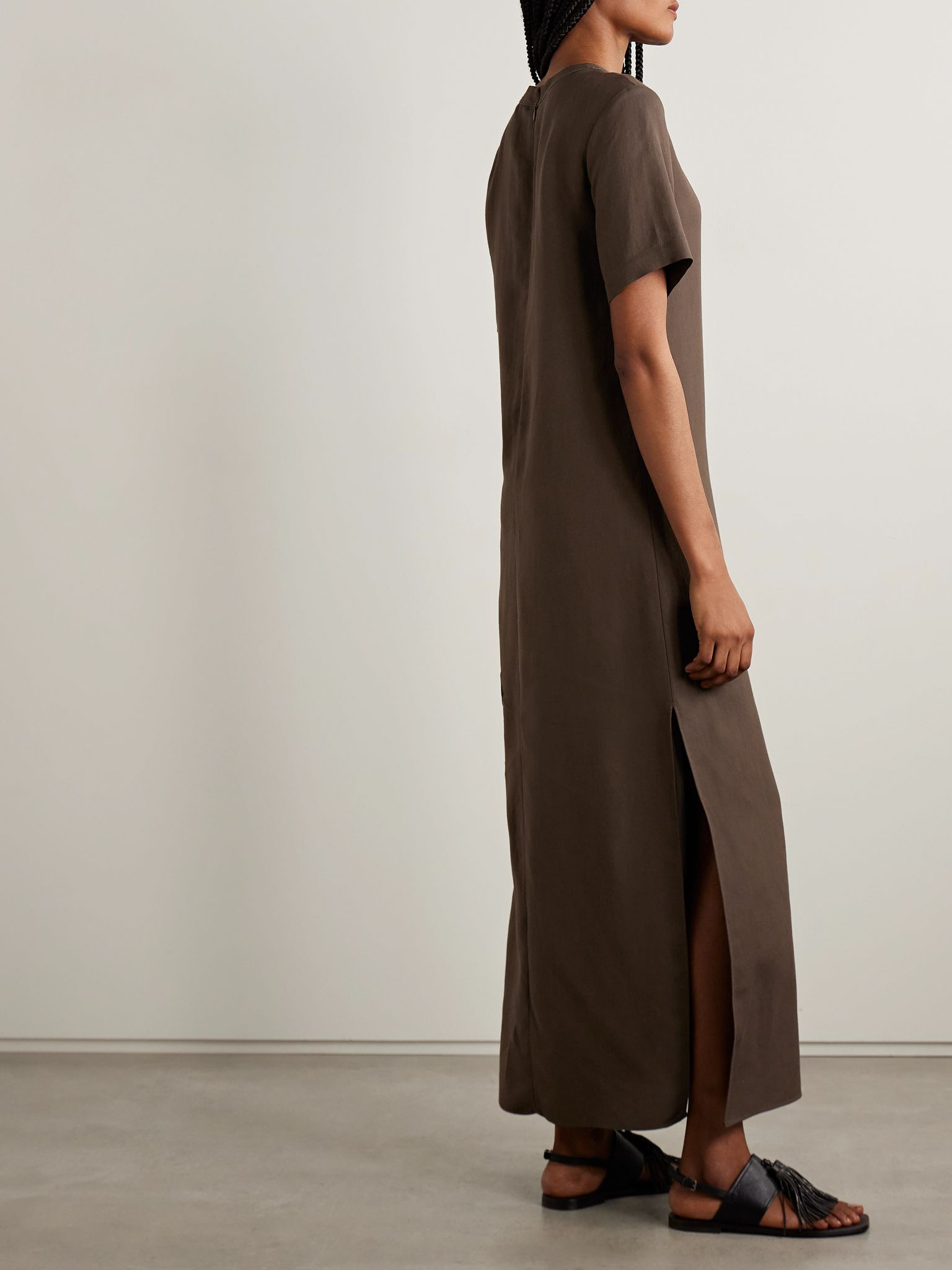 Bead-embellised twill midi dress Brown - 3