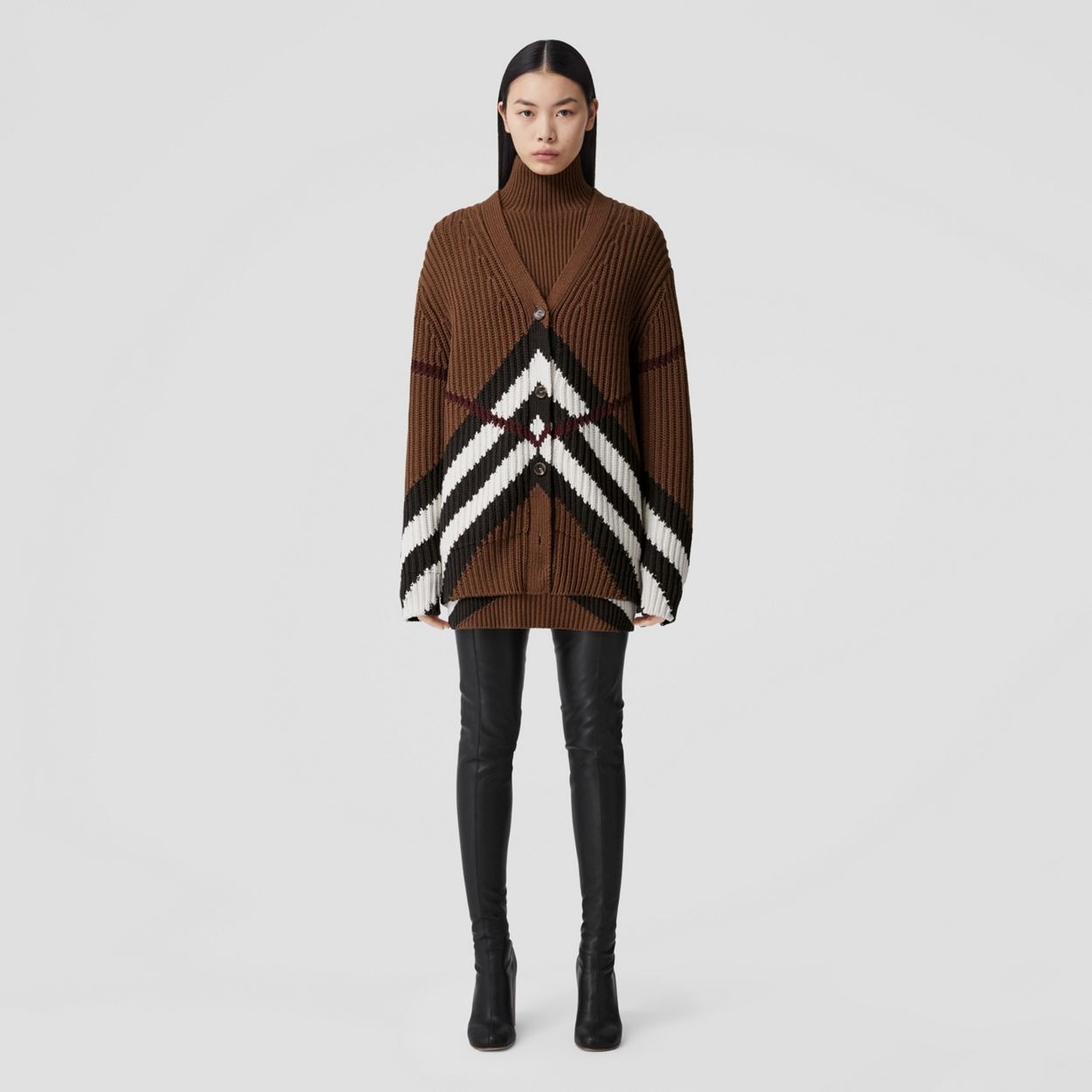 Chevron Check Cashmere Cotton Cardigan - 6